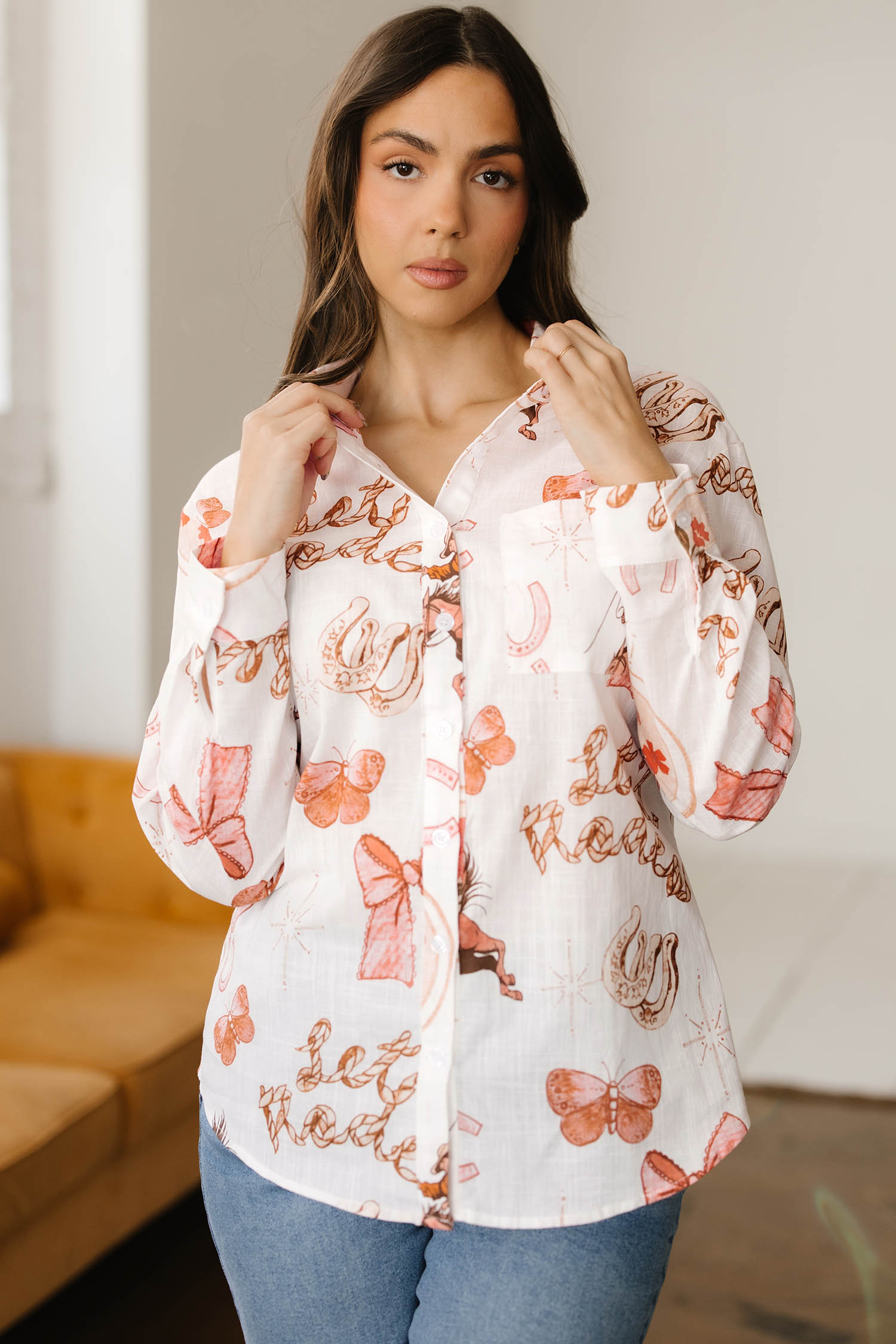 White Rodeo Cowgirl Print Western Button up Shirt - loveforevers