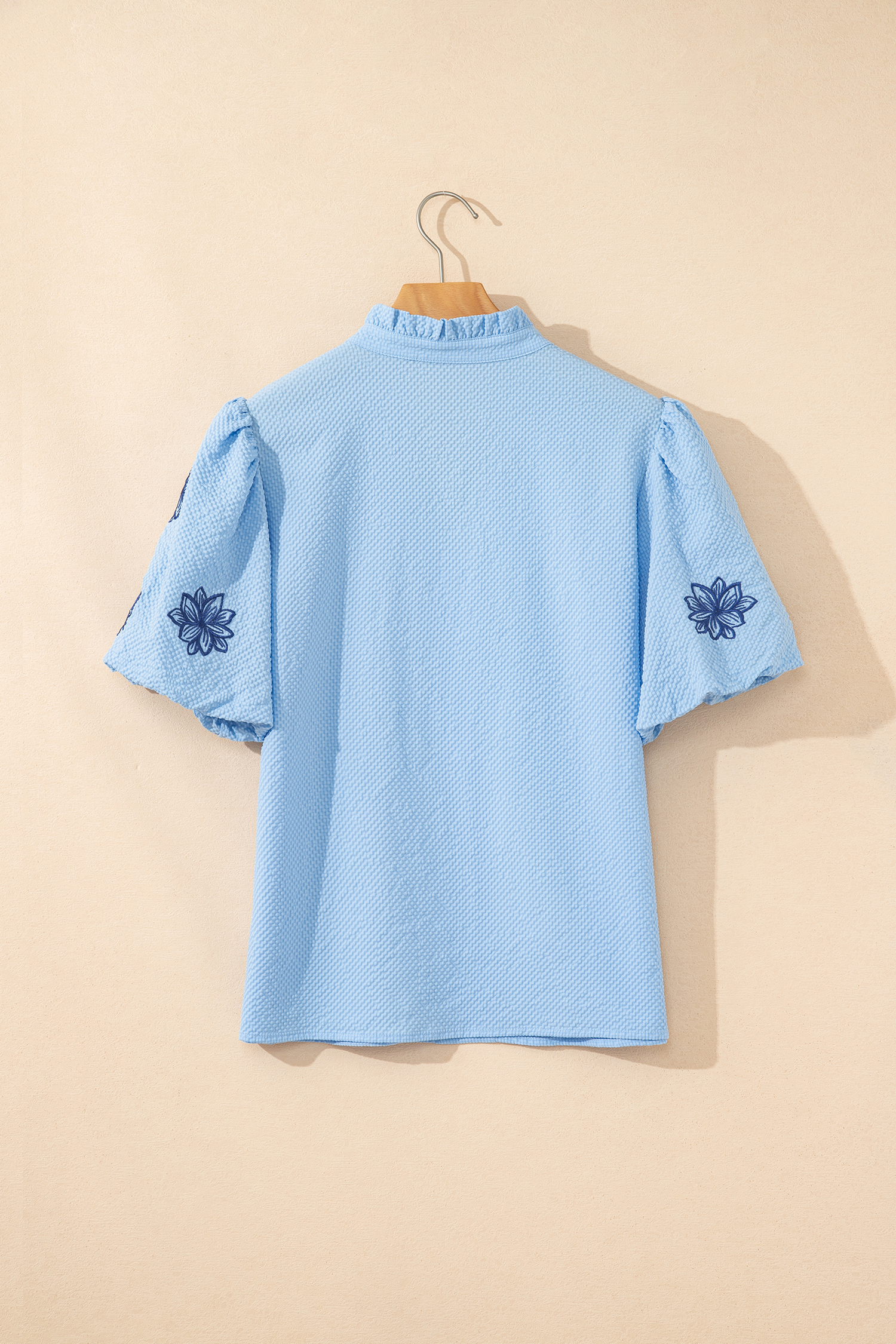 Beau Blue Flower Embroidered Puff Sleeve Split Neck Textured Blouse - loveforevers