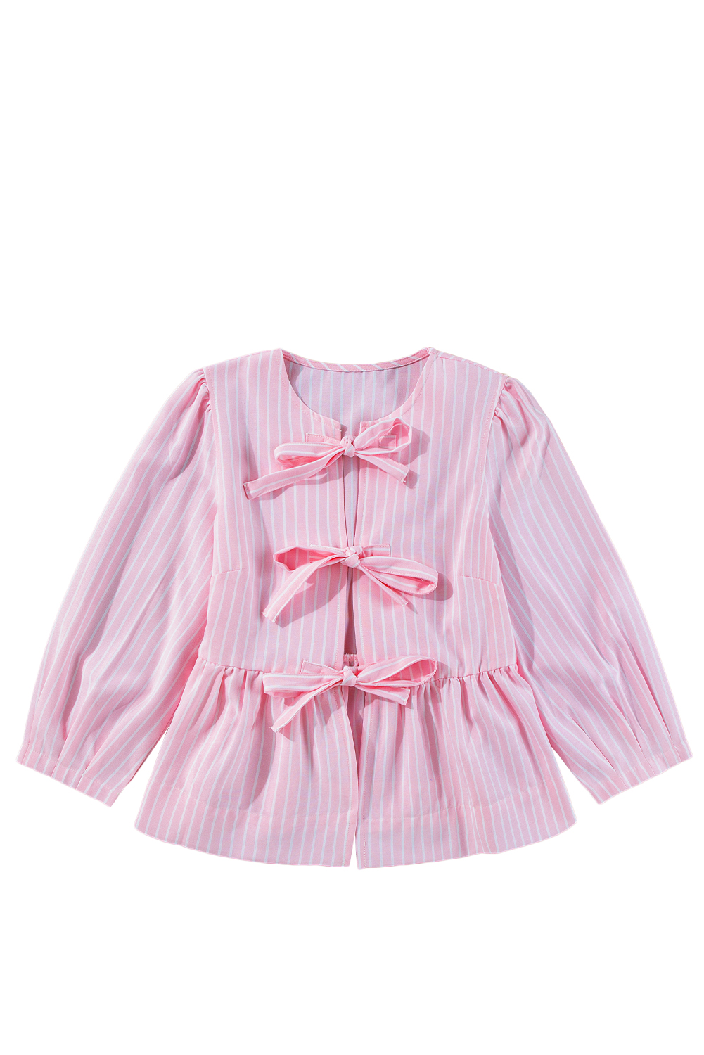 Pink Stripe Bowknot Front Crew Neck Puff Sleeve Blouse - loveforevers