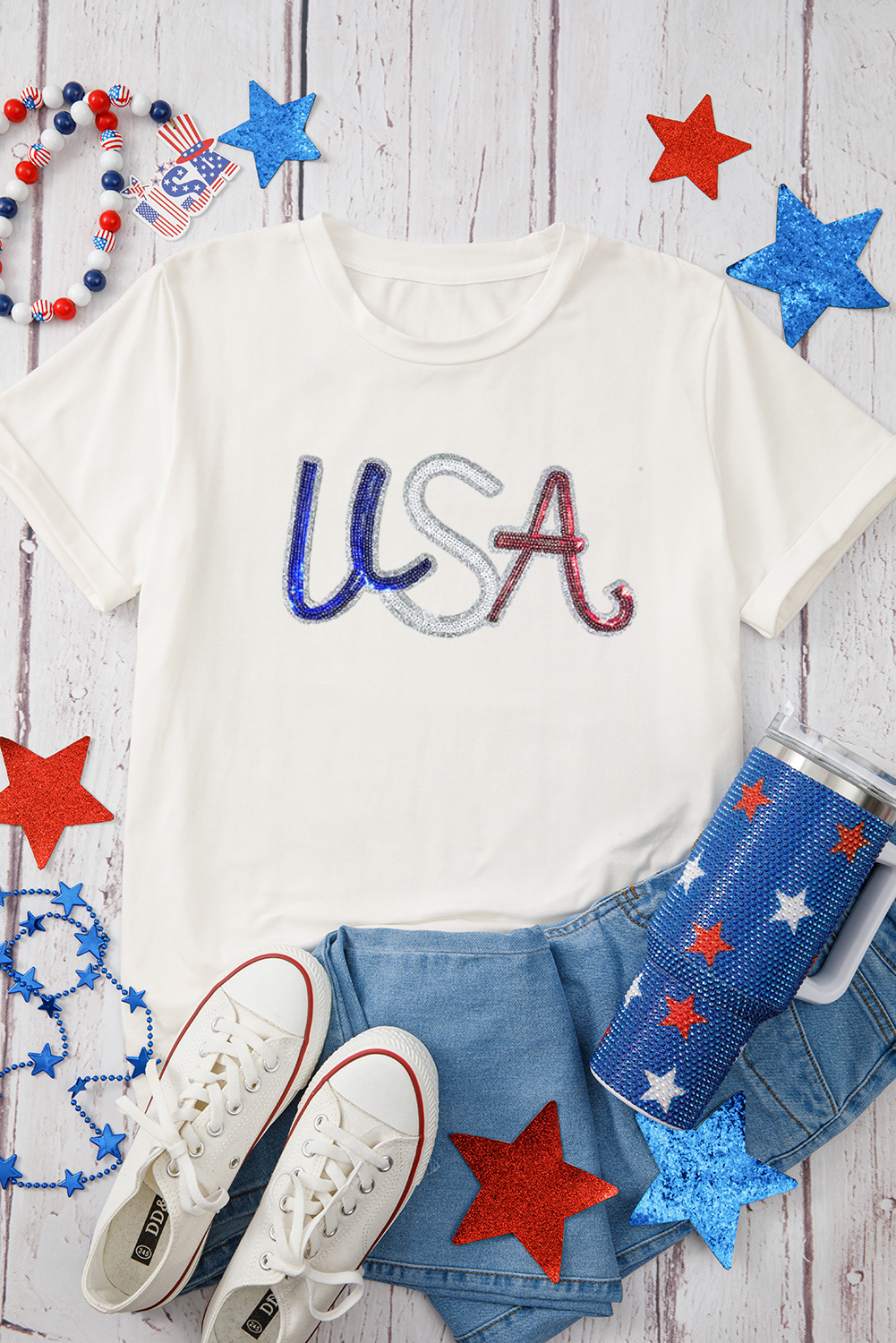 White Sequin USA Graphic Crew Neck Patriotic Tee - loveforevers