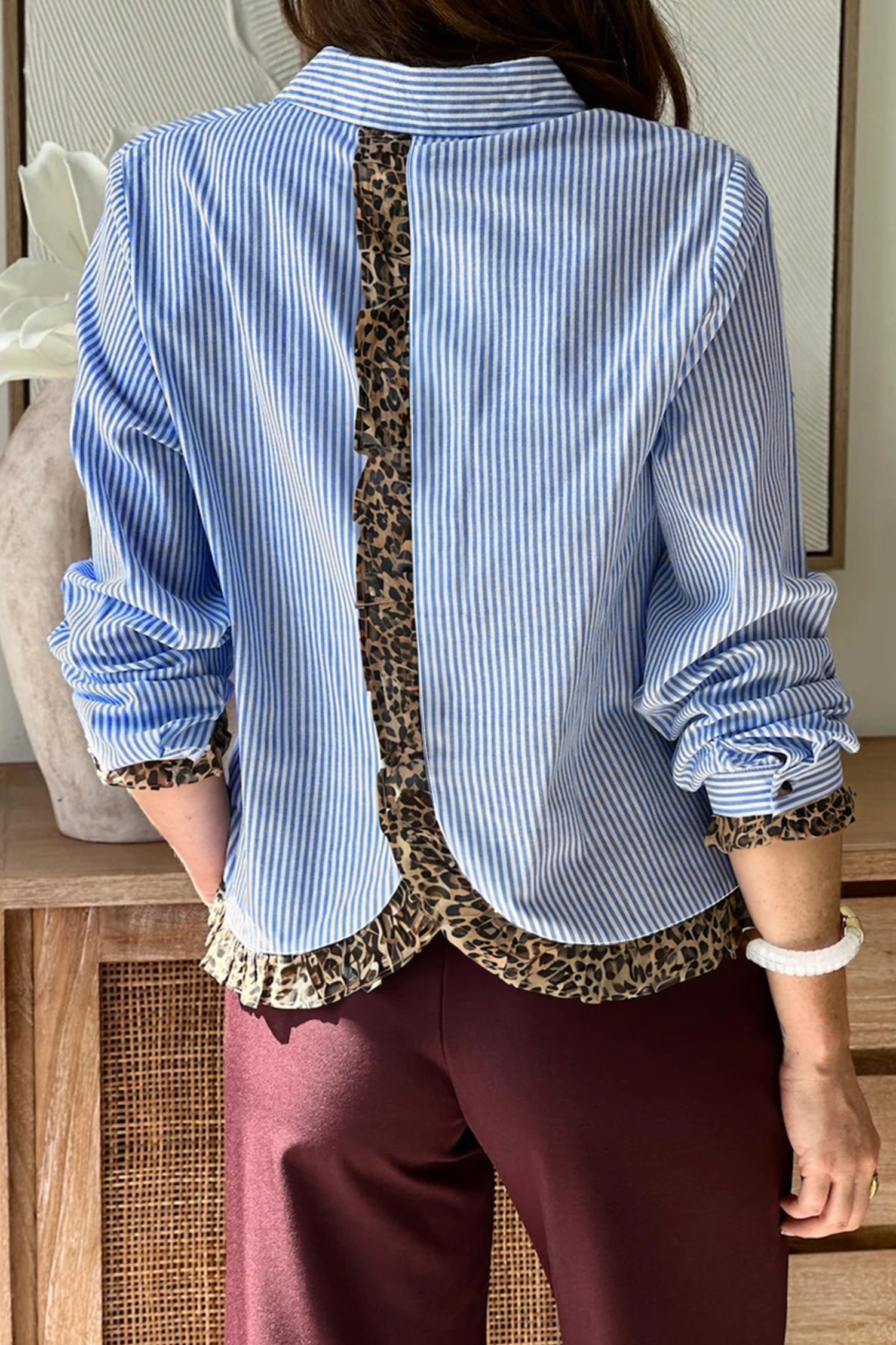Sky Blue Stripe Contrast Frilled Leopard Trim Casual Long Sleeve Shirt - loveforevers