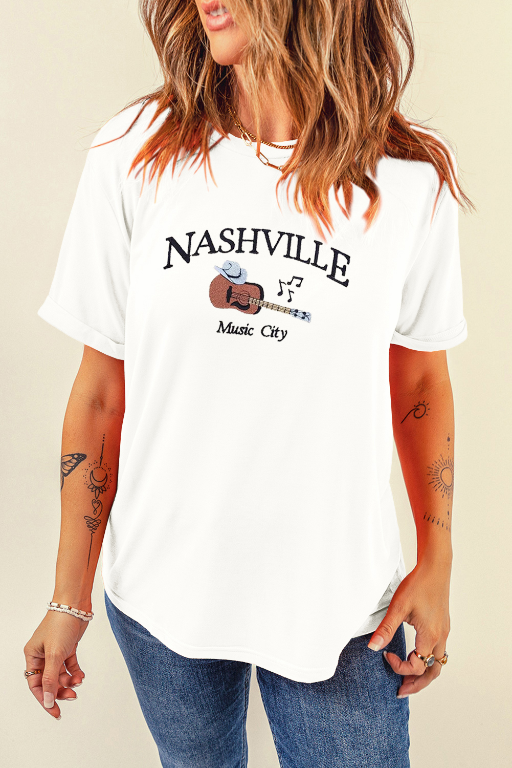White Guitar NASHVILLE Music City Print Crewneck Tee - loveforevers