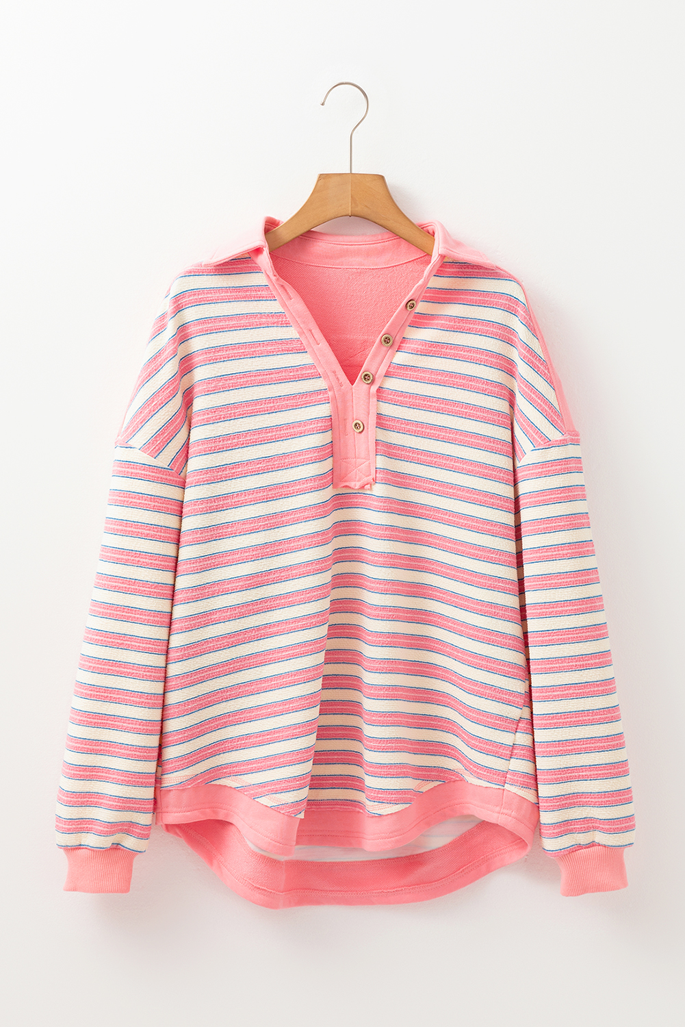 Red Stripe Buttoned V Neck Collared Drop Shoulder Top - loveforevers