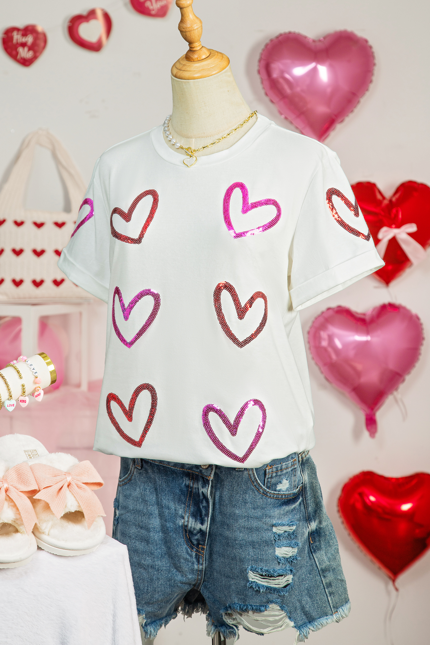 White Sequin Heart Sketch Graphic Womens Casual Tee - loveforevers