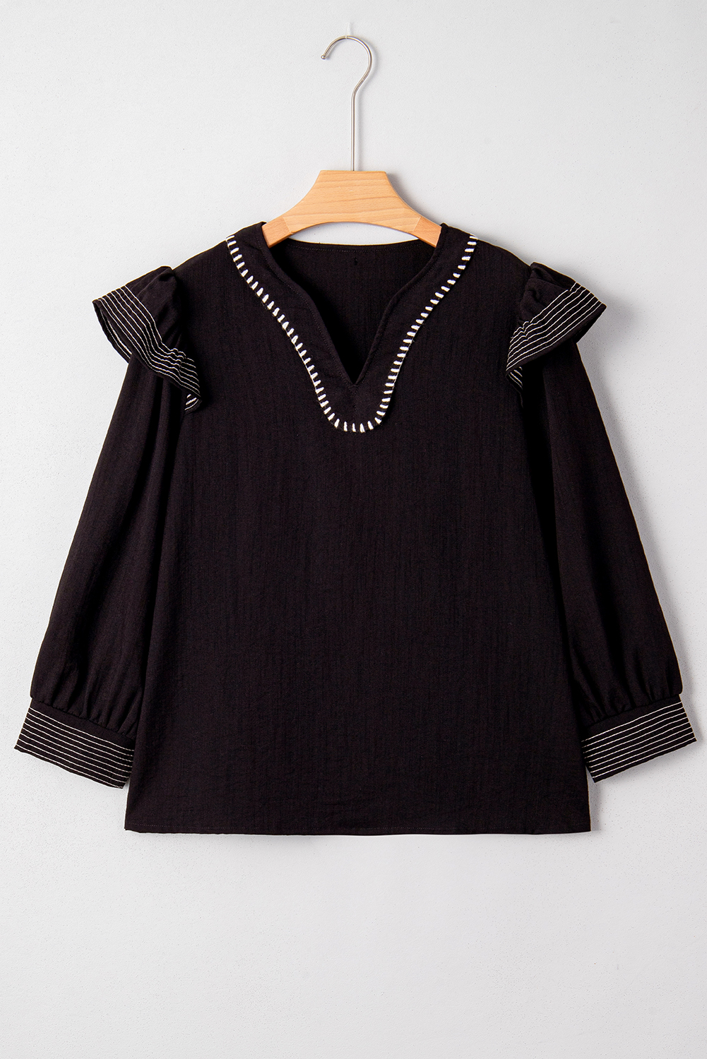 Black Contrast Stitched Detail V Neck Ruffle Long Sleeve Blouse - loveforevers