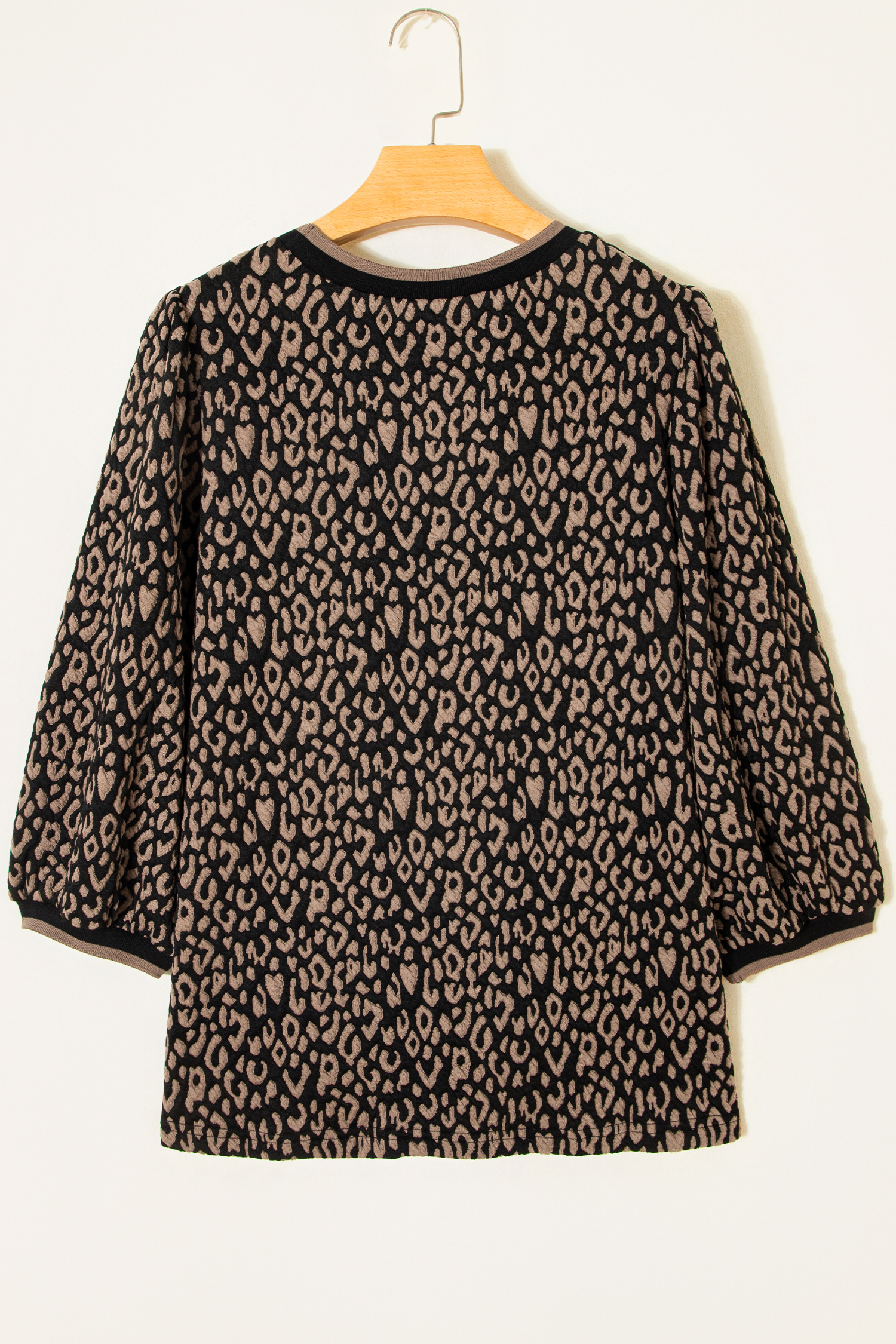 Black Leopard Print Puffy Bracelet Sleeve Contrast Trim Round Neck Top - loveforevers