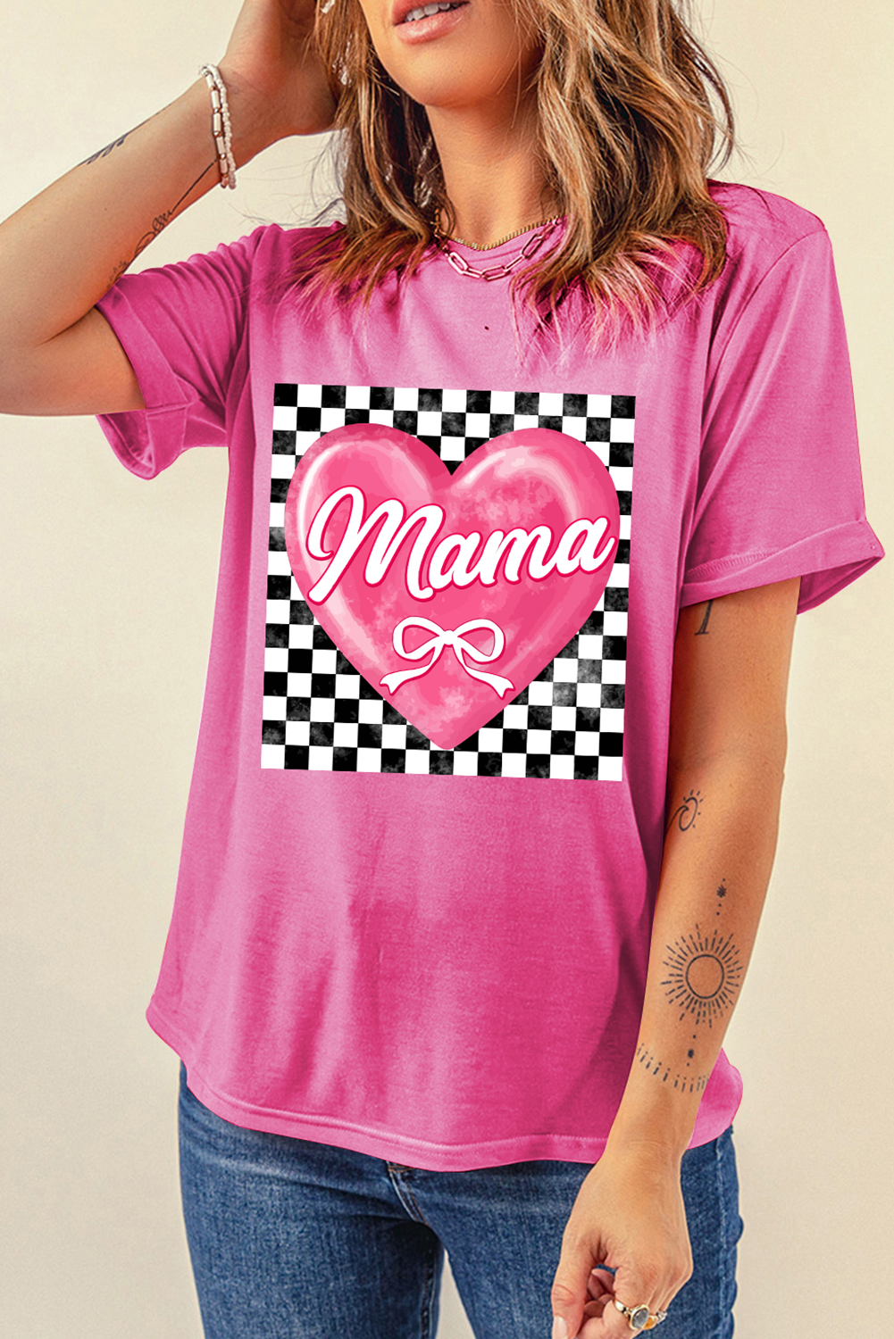Sachet Pink Checkered Heart Pattern mama Bow Graphic Tee - loveforevers