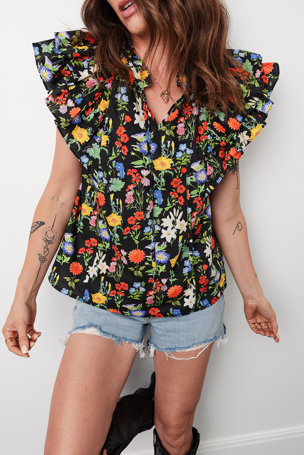 Black Tiered Flutter Sleeve V Neck Flower Blouse - loveforevers