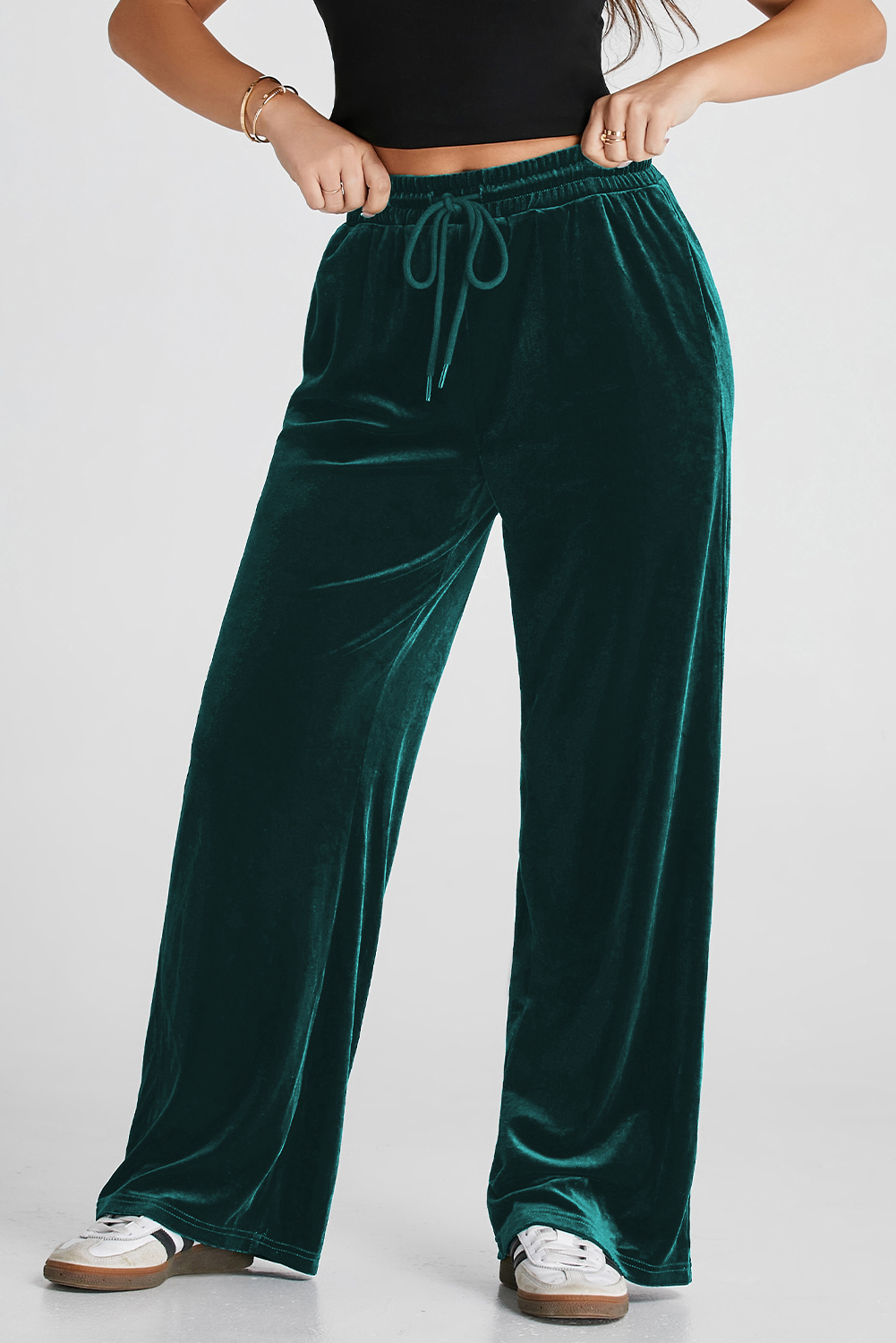 Evergreen Solid Drawstring Waist Wide Leg Pants - loveforevers
