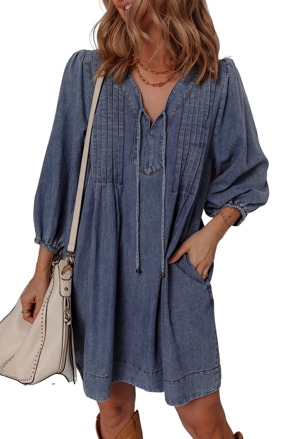 Sail Blue 3/4 Sleeve Tied V Neck Pleated Denim Mini Dress - loveforevers