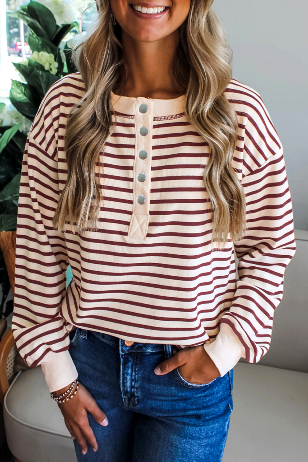 Red Dahlia Striped Print Drop Shoulder Long Sleeve Henley Top - loveforevers