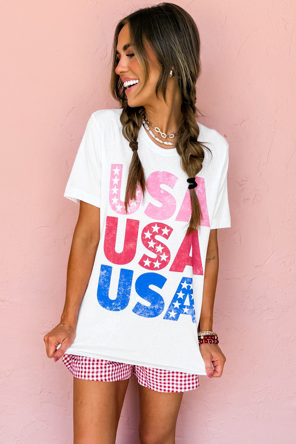White USA Starry Letter Graphic Cotton Blend T Shirt - loveforevers