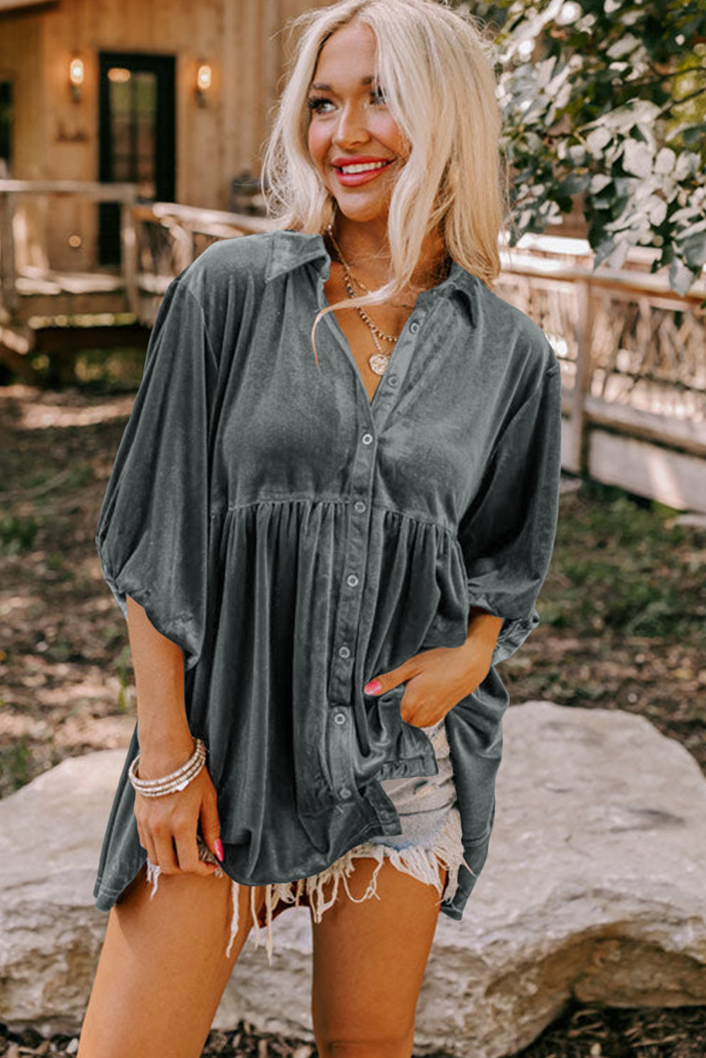 Burgundy 3/4 Sleeve Tunic Babydoll Velvet Shirt - loveforevers