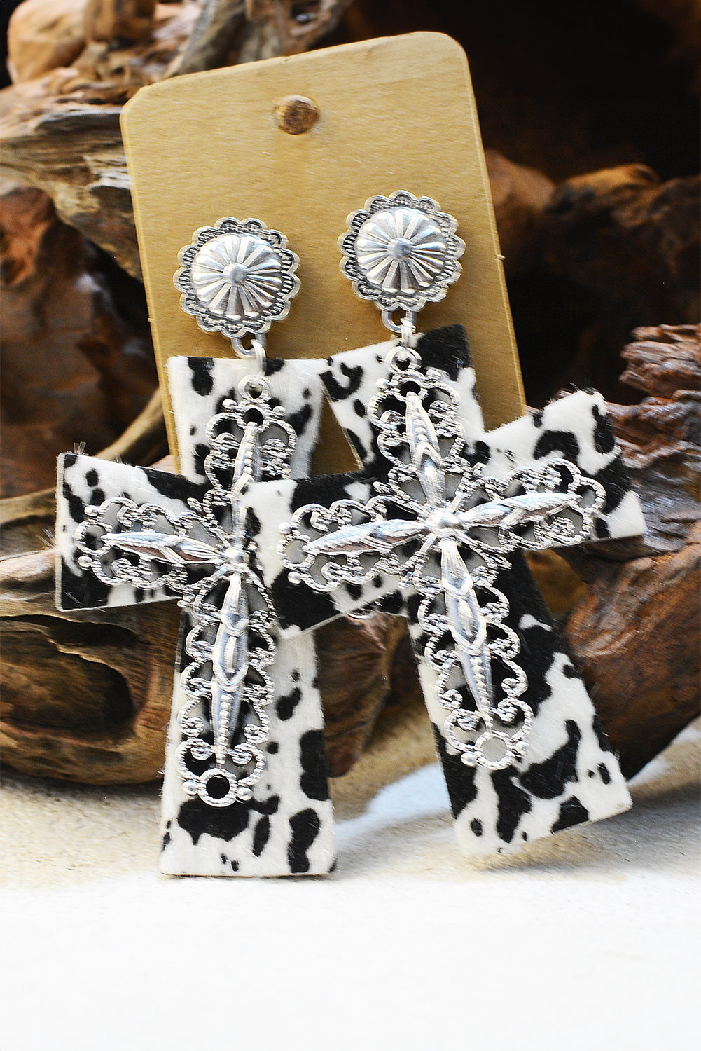 Silvery Cow Spots Faith Cross Western Fashion Dangle Earrings - loveforevers