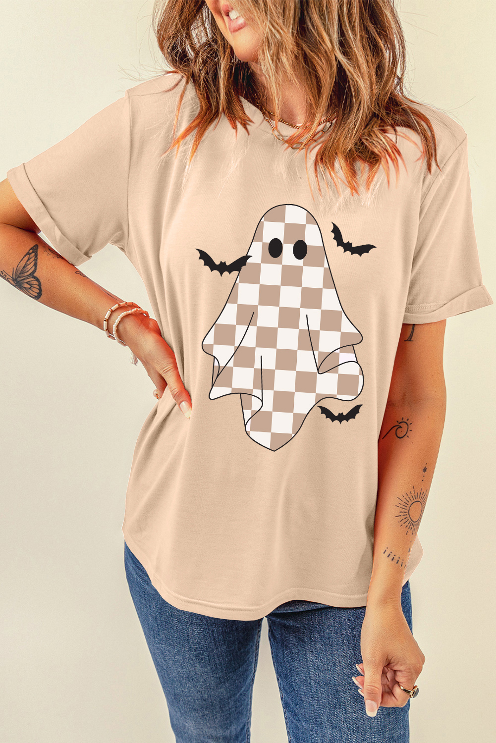Khaki Ghost Bat Halloween Holiday Graphic Tee - loveforevers