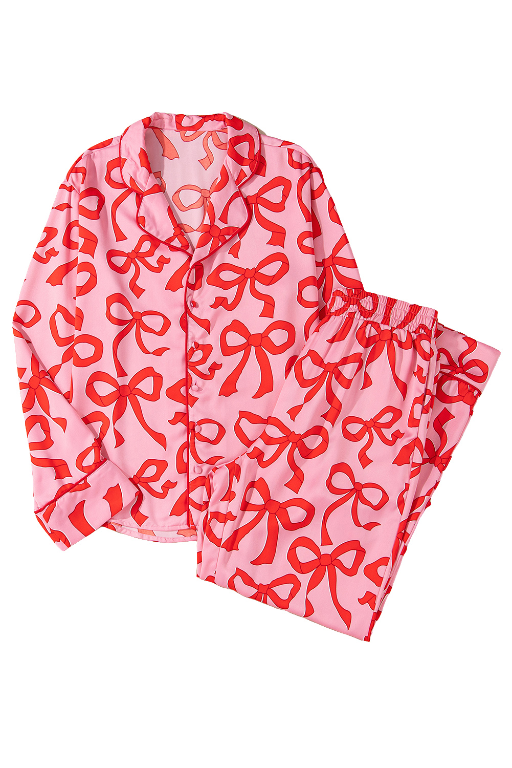Pink 2pcs Bow Print Shirt Style Long Sleeve Pajama Set - loveforevers