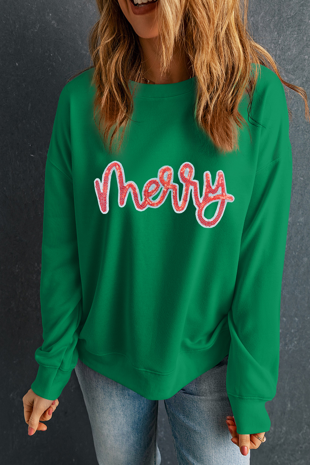 Dark Green merry Sequin Letter Patched Drop Shoulder Baggy Sweatshirt - loveforevers