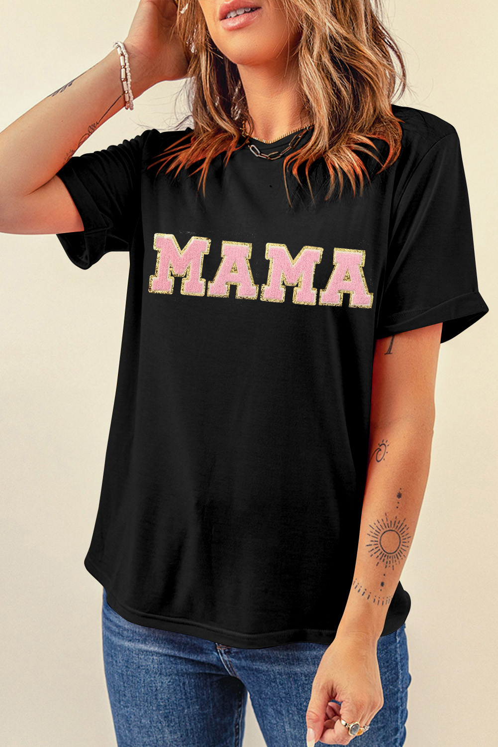 White MAMA Leopard Embroidered Crew Neck Graphic Tee - loveforevers