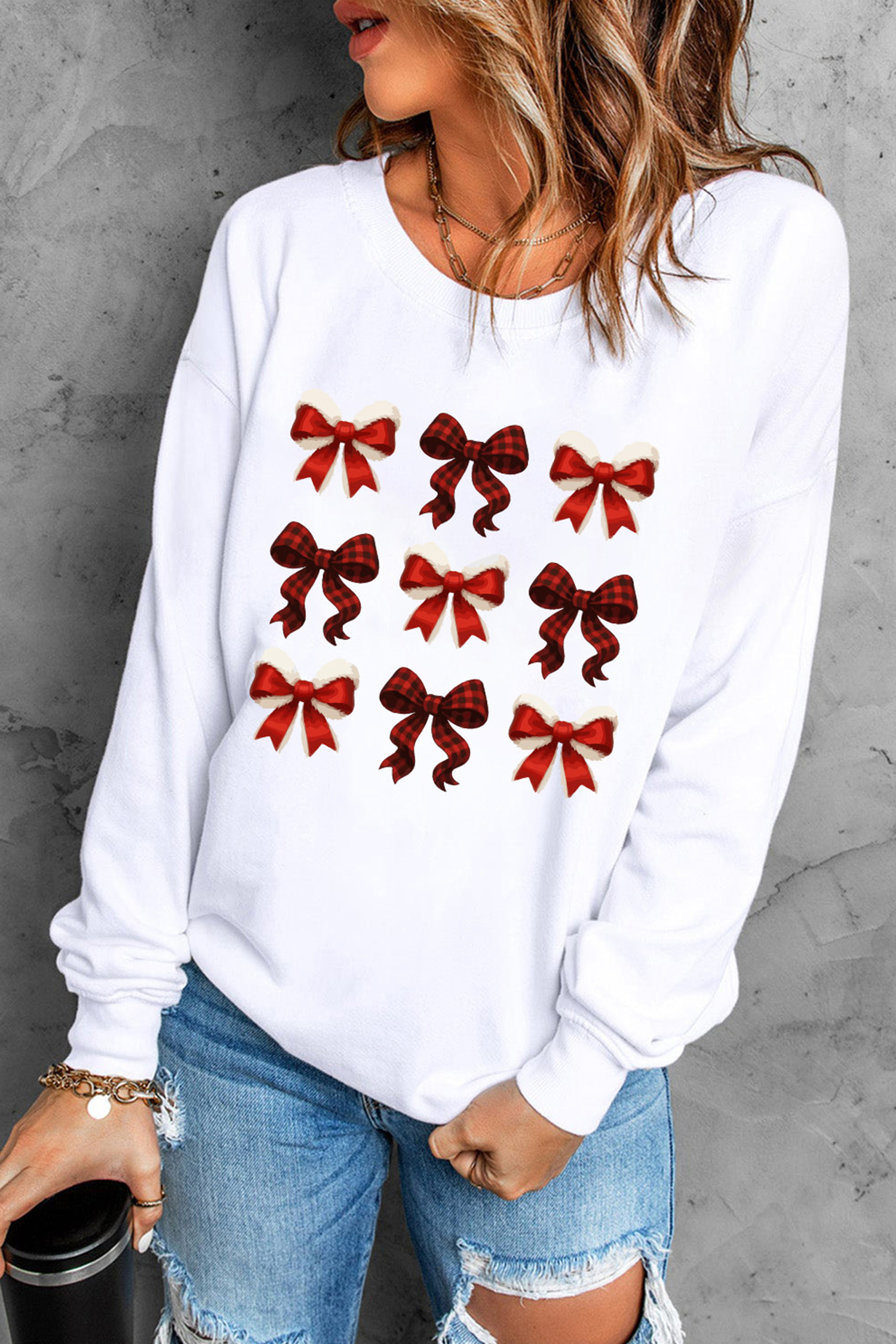 White Festive Bow Graphic Christmas Holiday Classic Sweatshirt - loveforevers