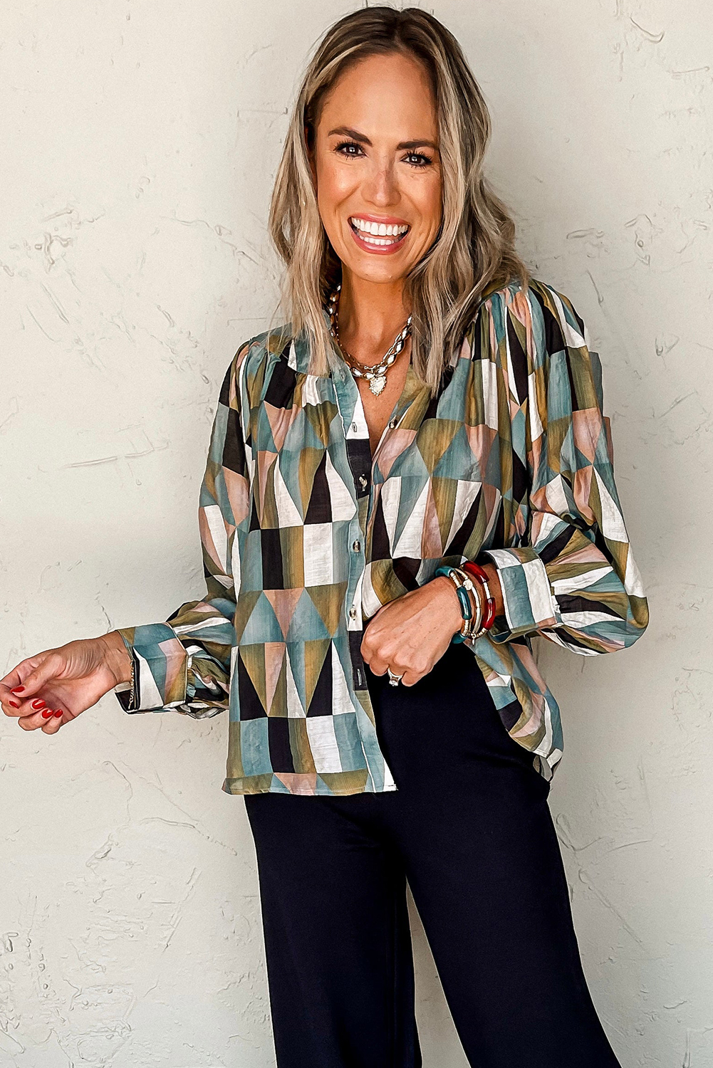 Green Geometric Print Buttoned Balloon Sleeve Loose Fit Shirt - loveforevers