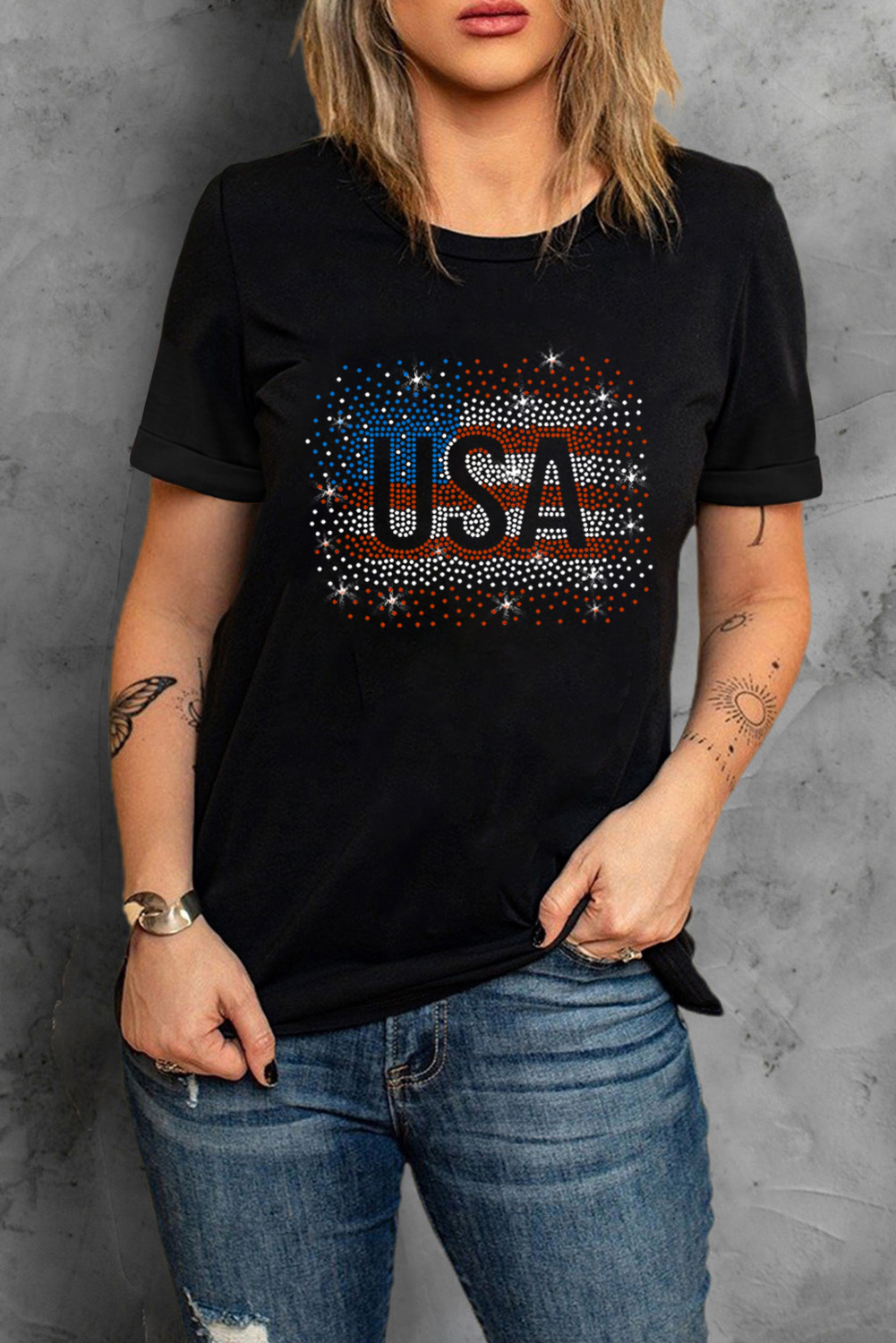 Black Rhinestone America Flag USA Graphic T Shirt - loveforevers