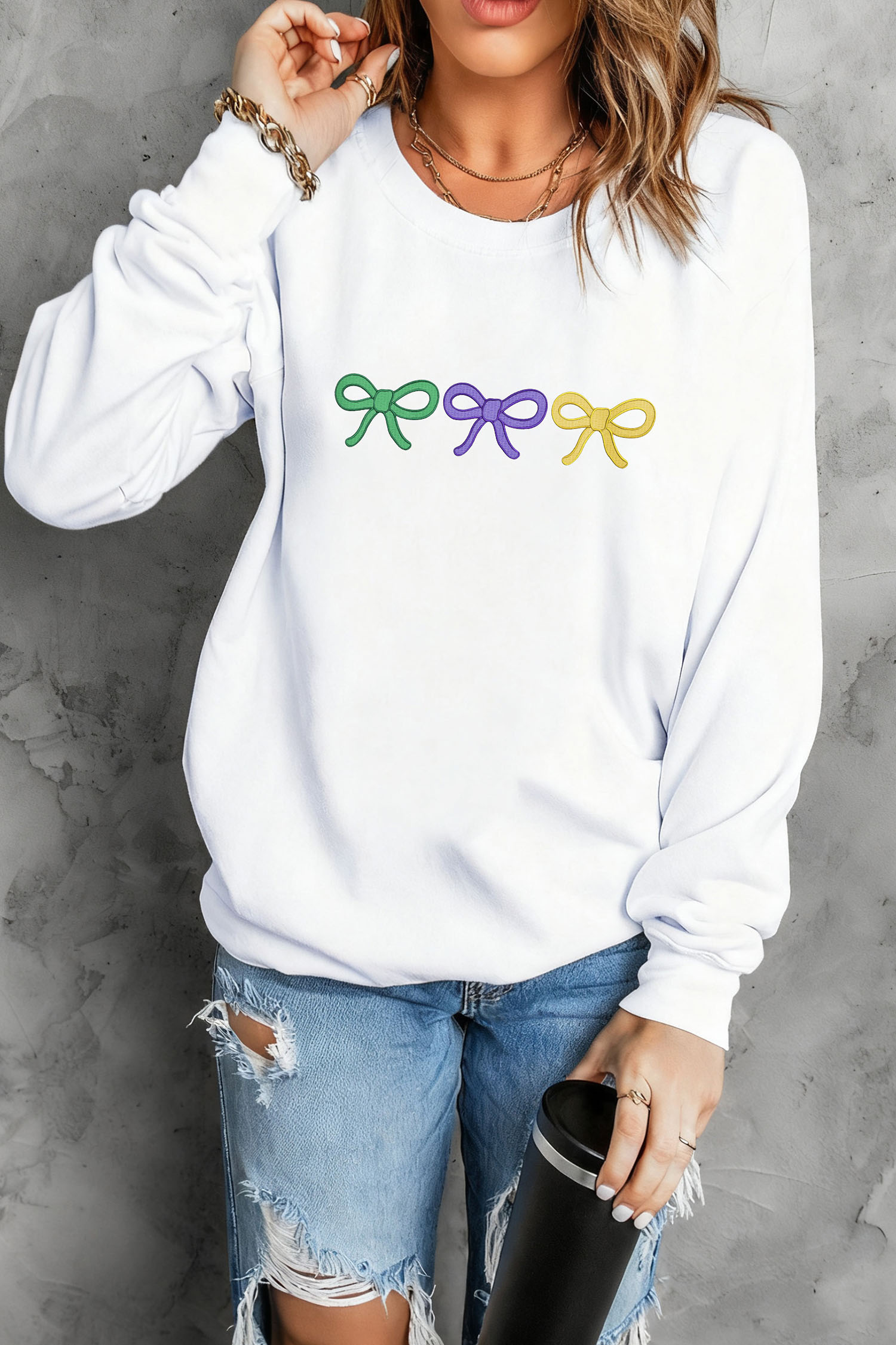 White Mardi Gras Embroidered Bow Pullover Sweatshirt - loveforevers