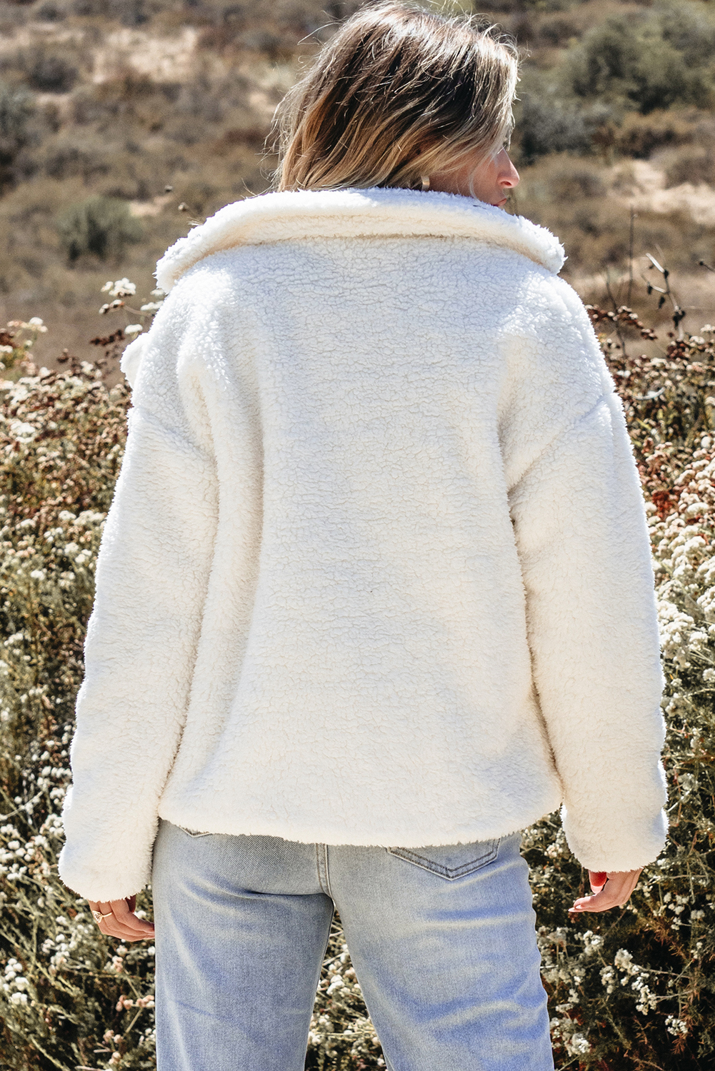 Beige Faux Fur Button Pocketed Lapel Collar Jacket - loveforevers