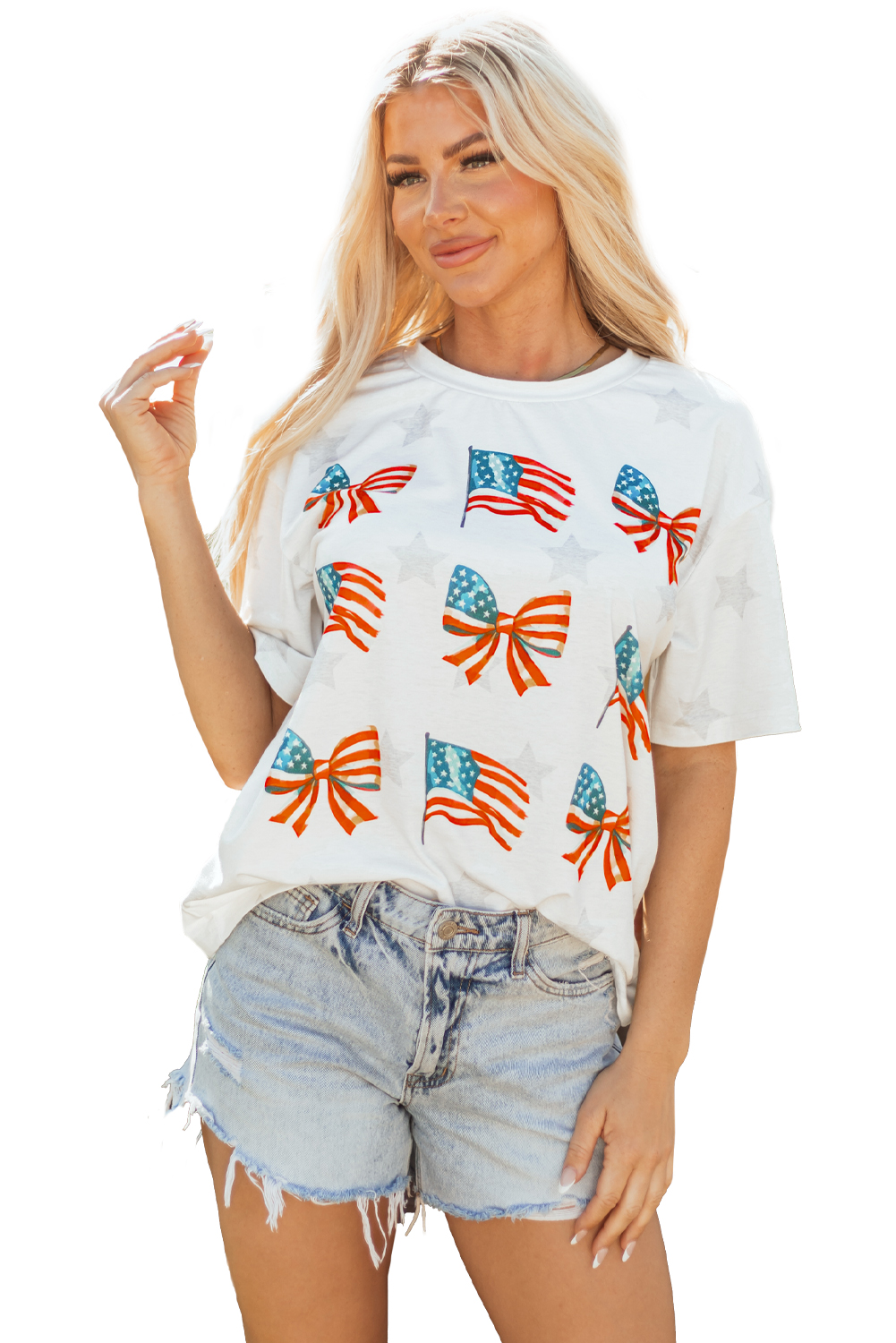 Khaki Patriotic Flag Bow Graphic Starry Round Neck T Shirt - loveforevers