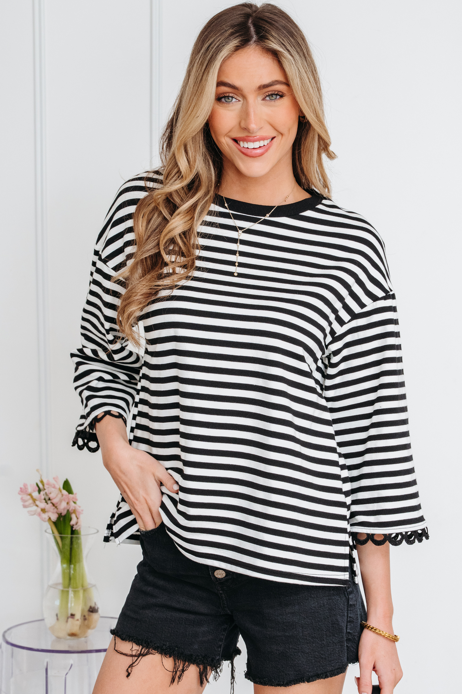 Racing Red Striped Print Drop Shoulder Lace Trim Bracelet Sleeve Loose Top - loveforevers
