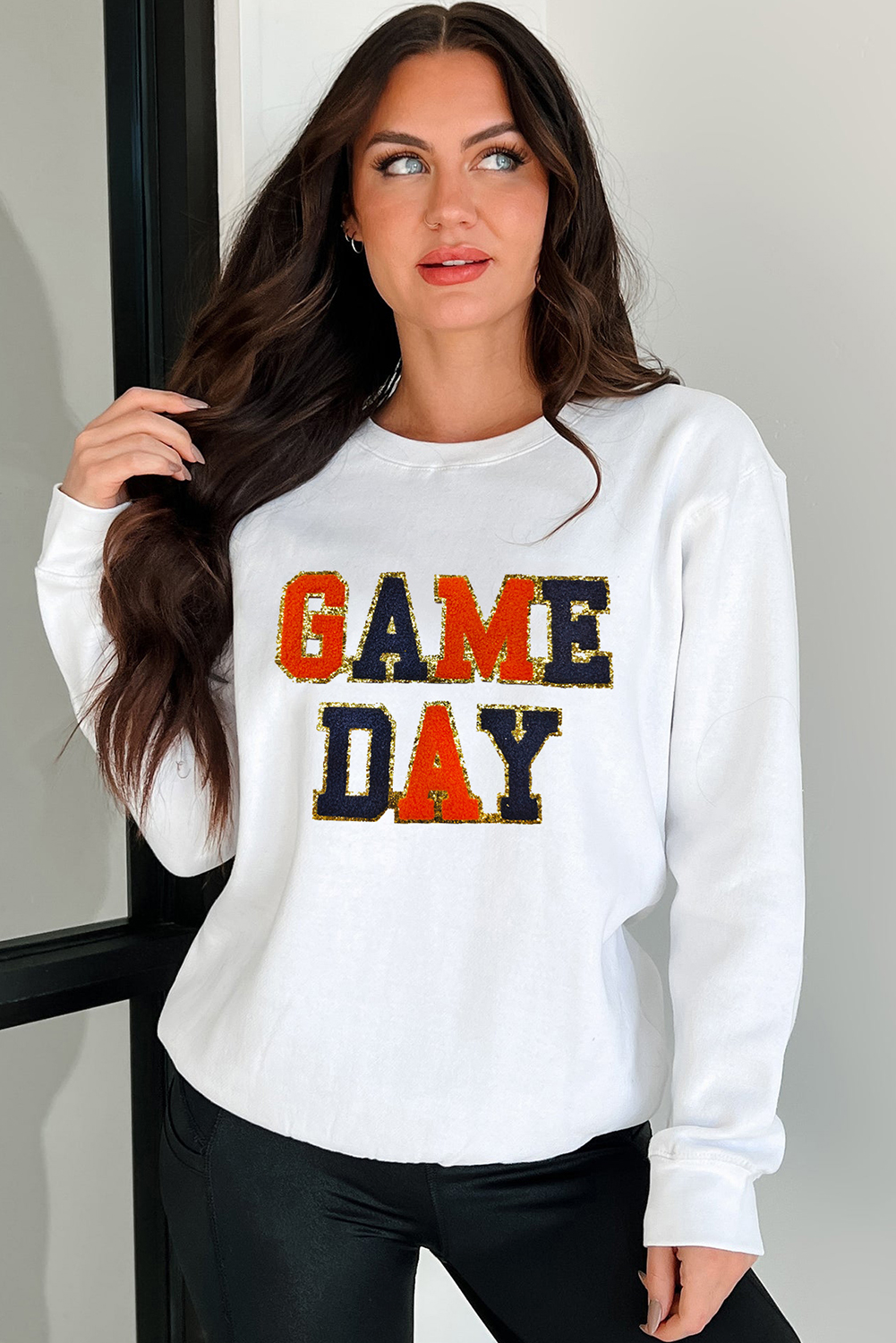 White GAME DAY Chenille Letter Graphic Sweatshirt - loveforevers