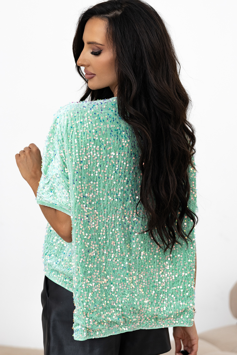 Moonlight Jade Sequin Batwing Sleeve V Neck Velvet Blouse - loveforevers