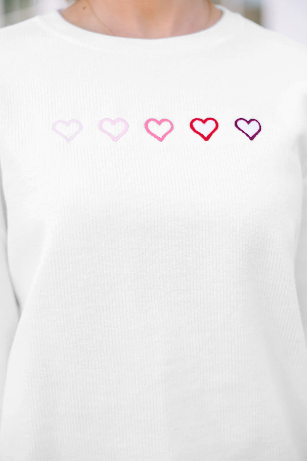 White 3d Ribbed XOXO Heart Embroidered Drop Shoulder Sweatshirt - loveforevers
