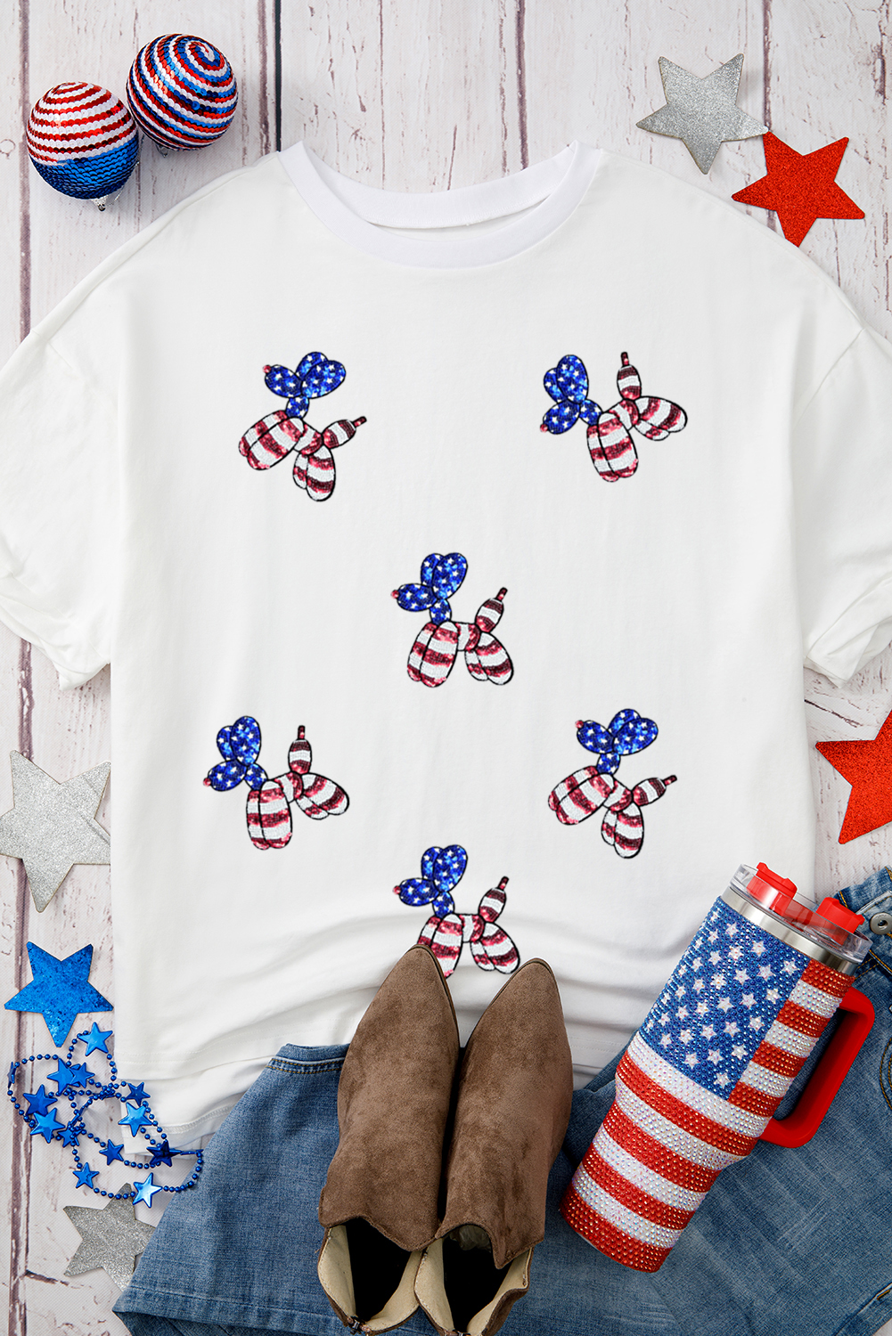White Sequin USA Flag Balloon Puppy Graphic Drop Shoulder High Low Tee - loveforevers