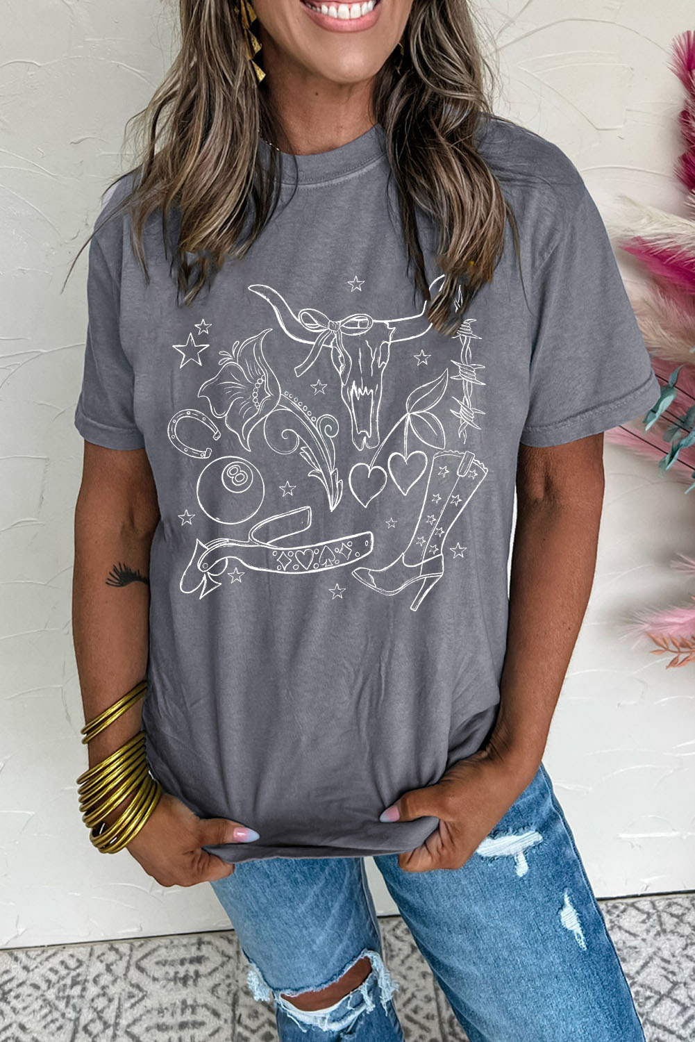 Gray Cowgirl Boots OX Head Western Fashion Print Crewneck Tee - loveforevers