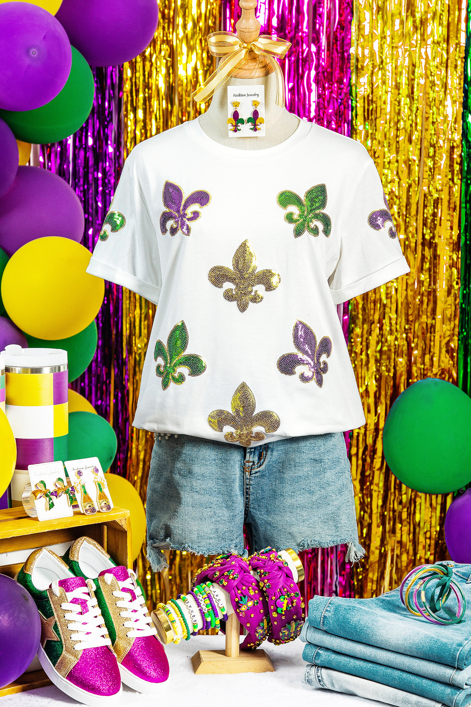 White Mardi Gras Fleur De Lis Sequin Graphic T Shirt - loveforevers