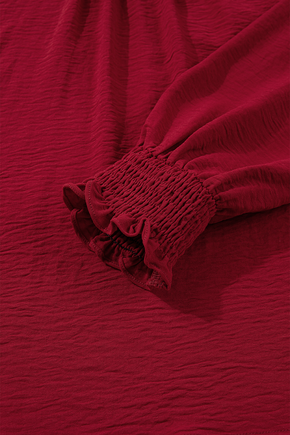 Burgundy Notched Neck Shirred Cuff Long Sleeve Blouse - loveforevers