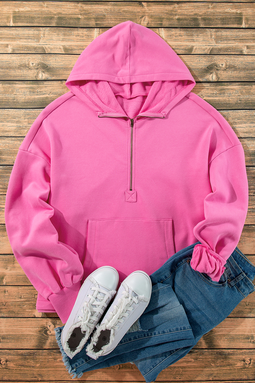 Bonbon Fleece Lined Half Zipper Kangaroo Pockets Loose Hoodie - loveforevers