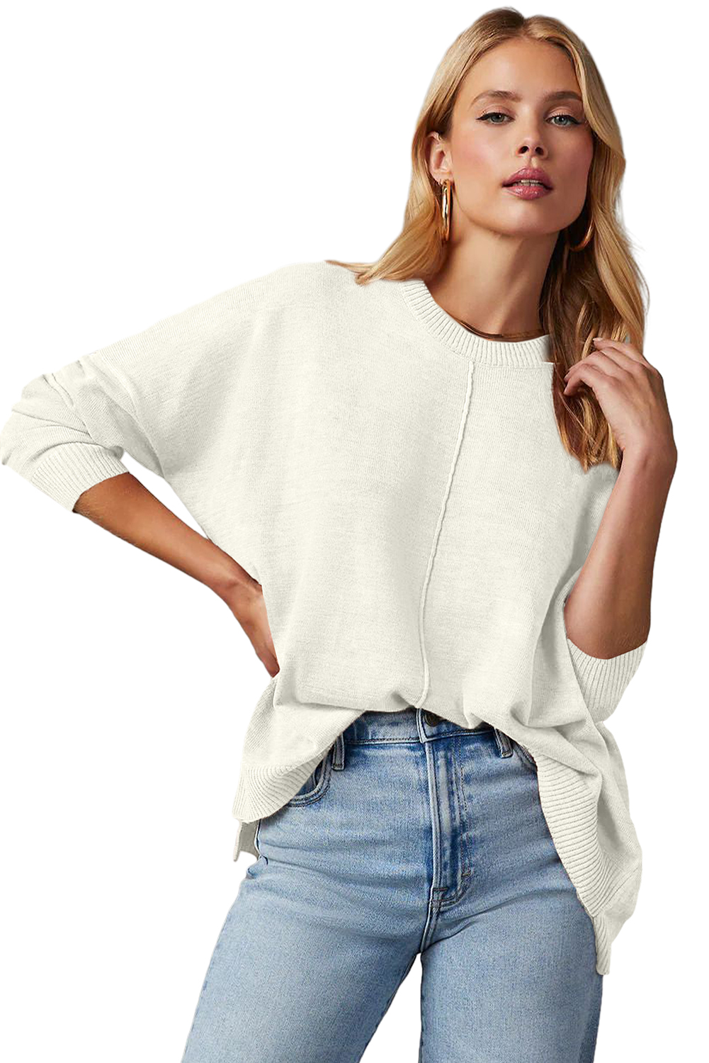 White Front Center Seam Drop Shoulder Pullover Solid Sweater - loveforevers