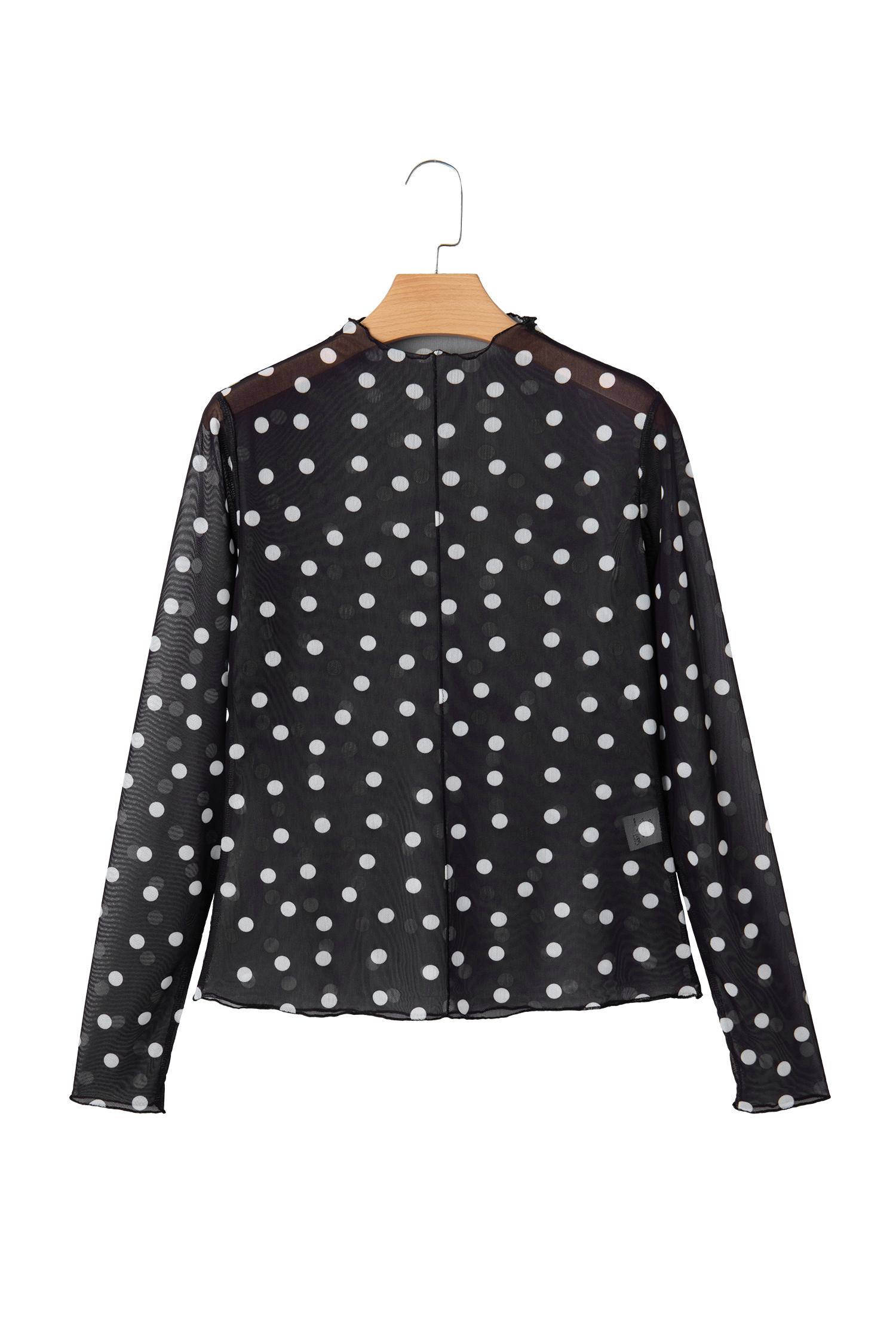 Black Polka Dot Patterned Bodycon Mock Neck Mesh Long Sleeve Top - loveforevers