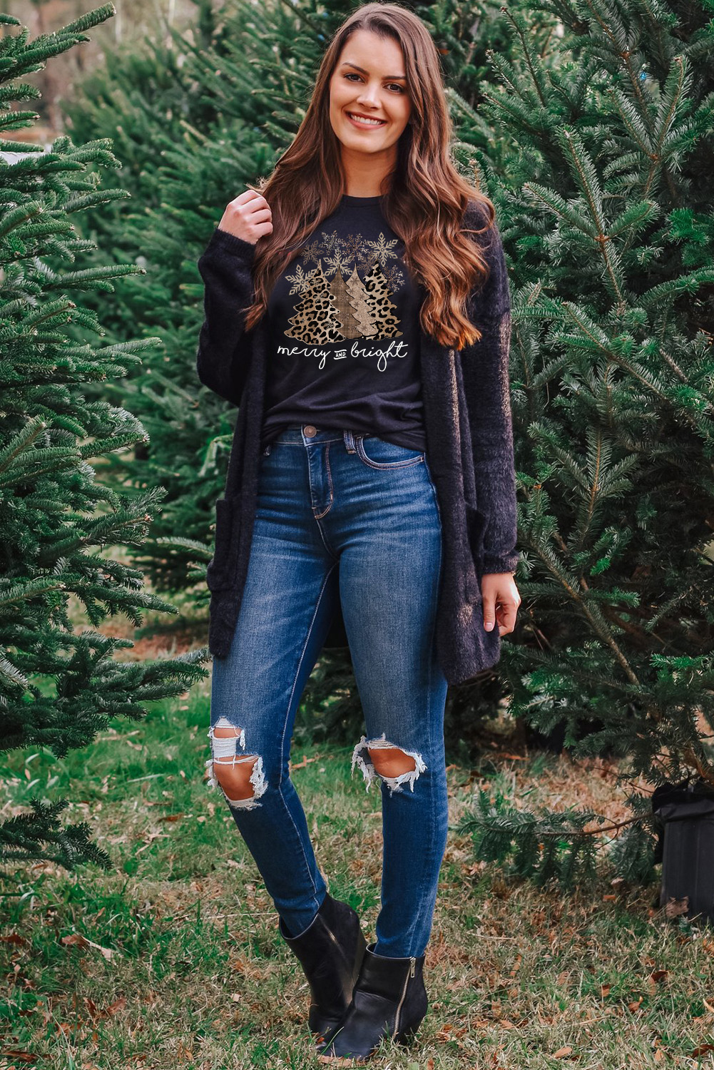 Black Leopard Christmas Tree Graphic Crew Neck T Shirt - loveforevers