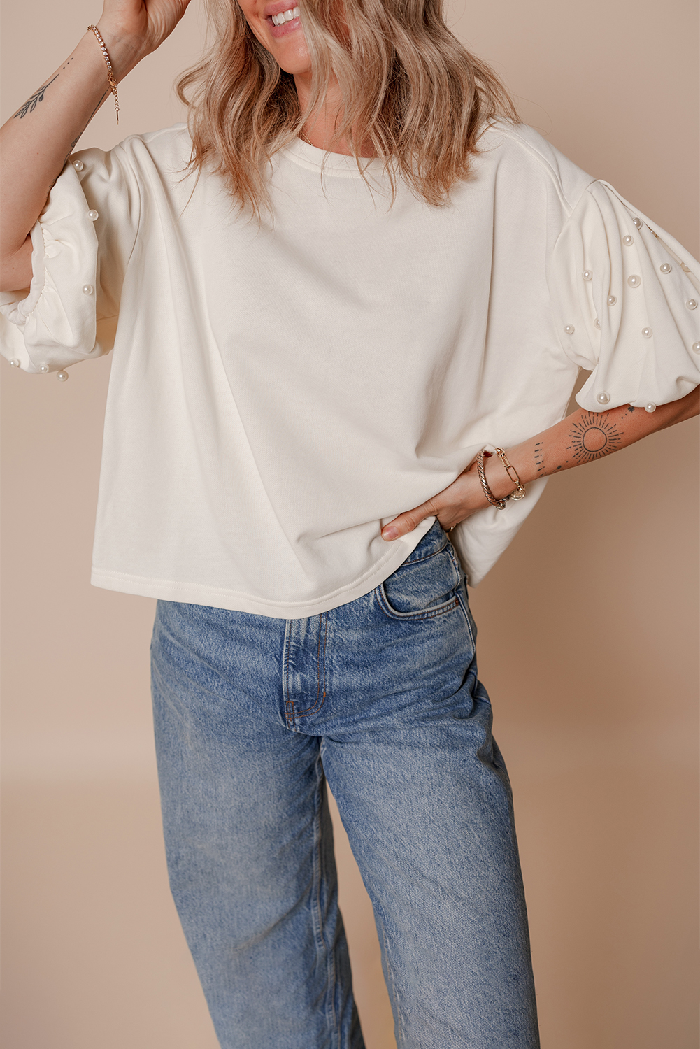 White Pearled Puff Sleeve Round Neck Loose Top - loveforevers