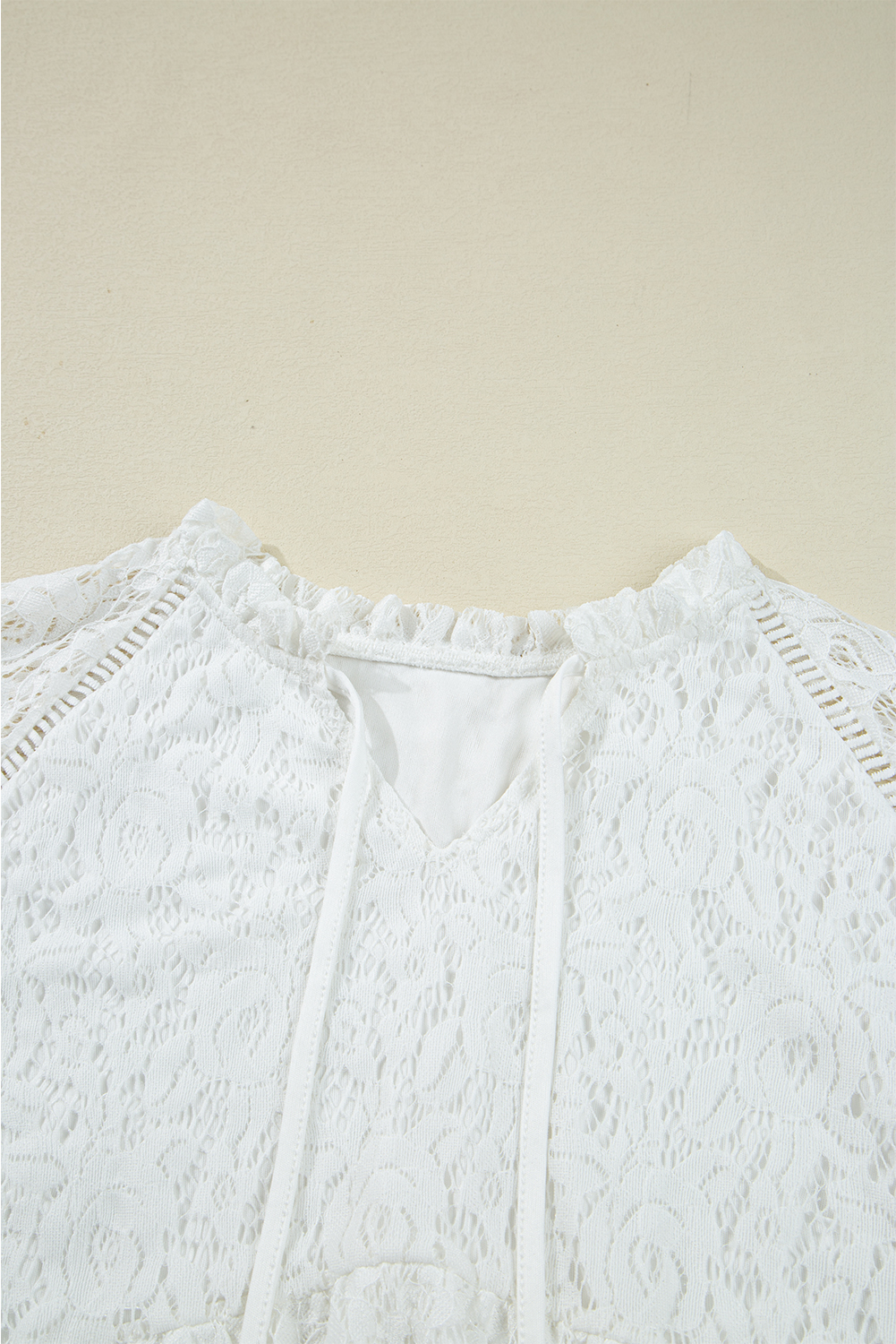 White Tie V Neck Lace Ruffle Detail Long Sleeve Blouse - loveforevers