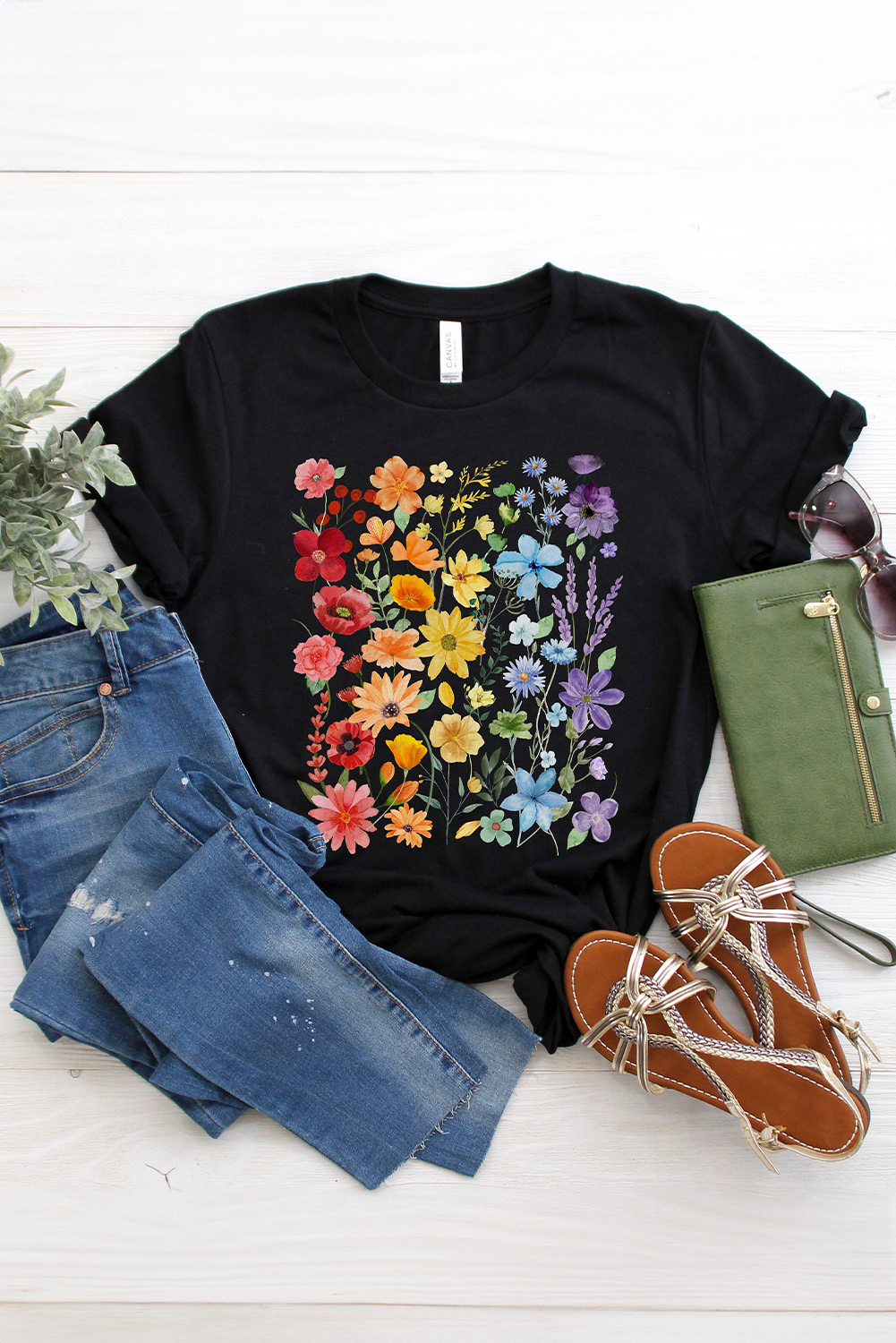 Black Beautiful Flower Print Cotton Blend Casual Tee - loveforevers