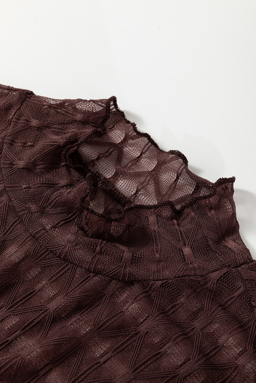 Coffee Sheer Mesh Patterned Lettuce Trim Slim Long Sleeve Top - loveforevers