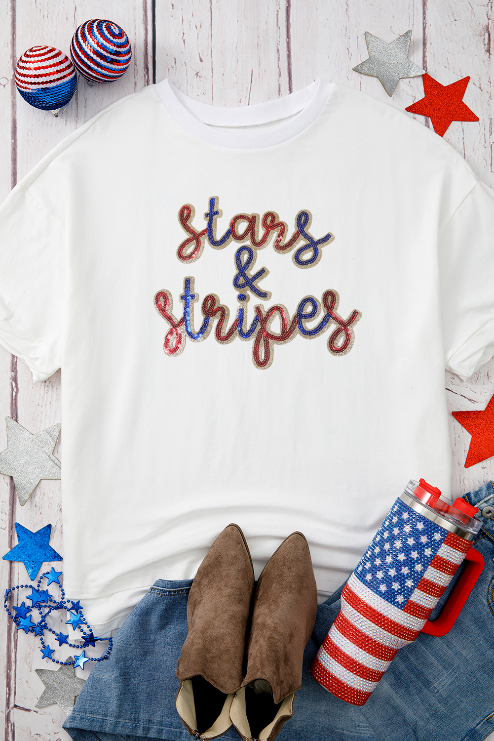 White Sequin stars & stripes Graphic Drop Shoulder Loose T Shirt - loveforevers