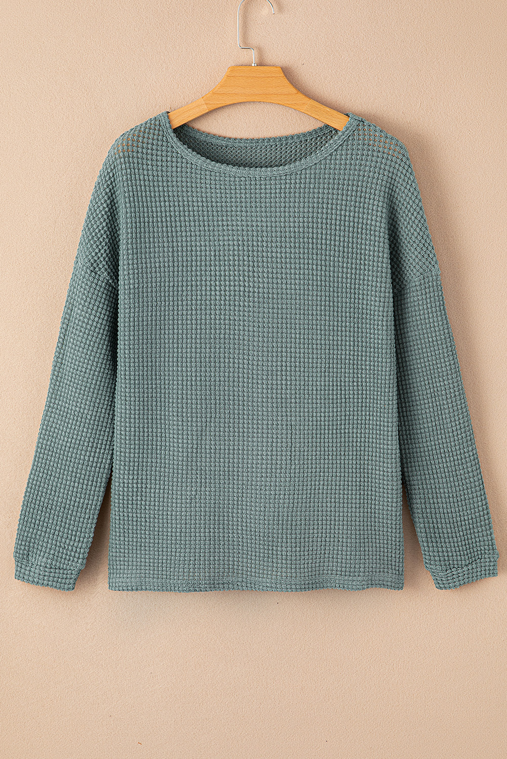 Green Waffle Knit Drop Shoulder Long Sleeve Top - loveforevers
