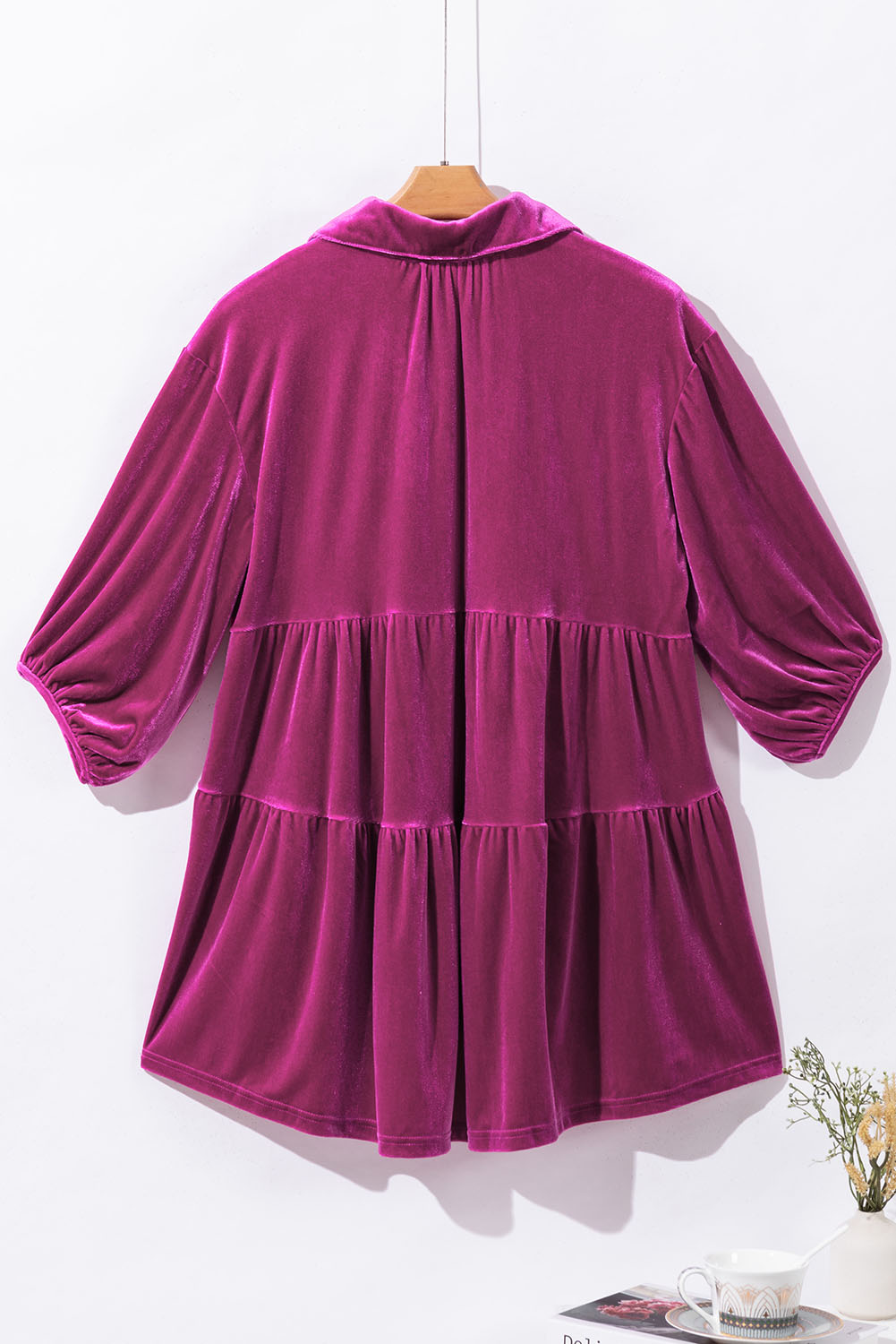 Burgundy 3/4 Sleeve Tunic Babydoll Velvet Shirt - loveforevers