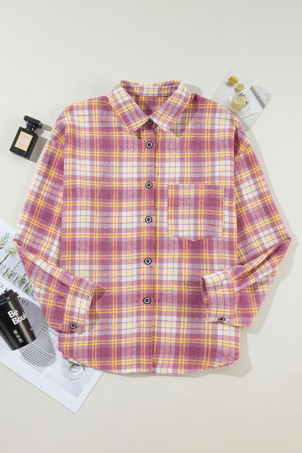 Pink Plaid Print Chest Pocket Long Sleeve Shacket - loveforevers