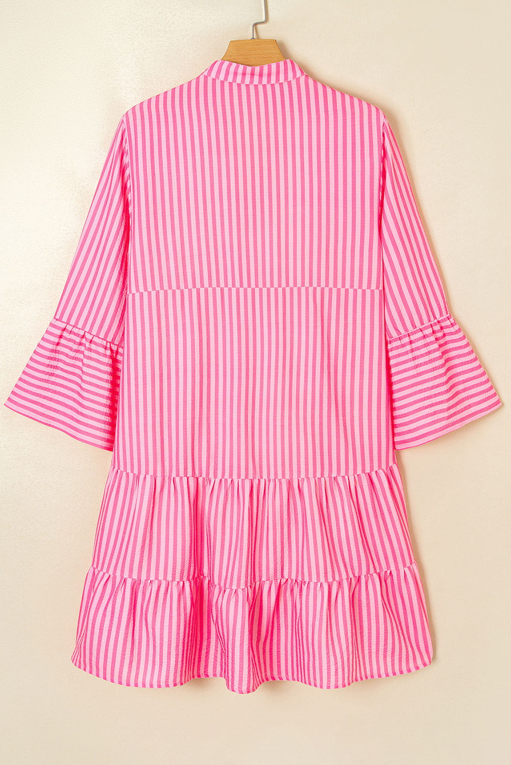 Pink Stripe Flare Sleeve Half Placket Tiered Flowy Mini Dress - loveforevers