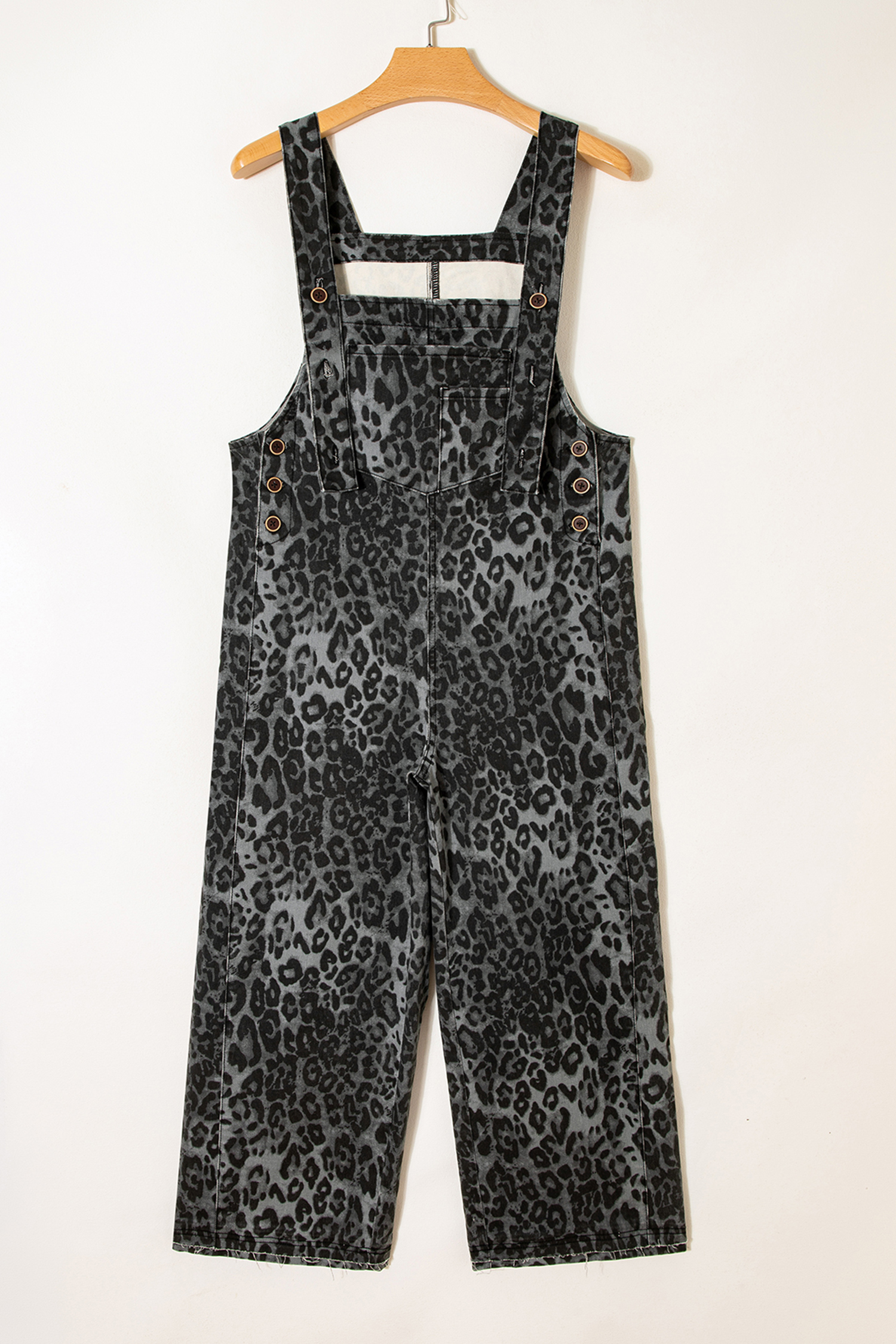 Gray Leopard Print Button Adjustable Straps Cropped Loose Denim Overalls - loveforevers